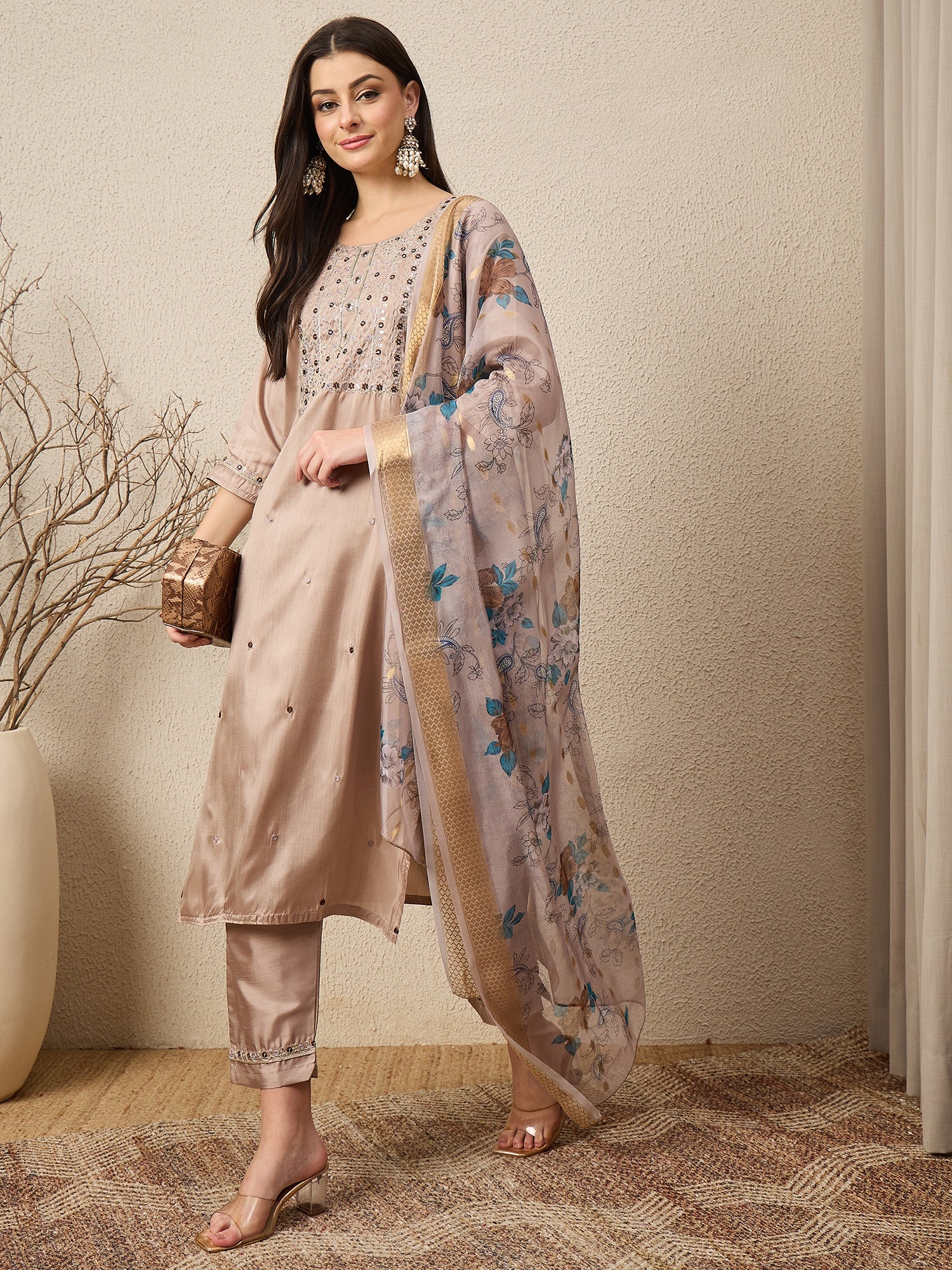 Jhalak Beige Women Silk Blend Kurta and Trousers Pant Set