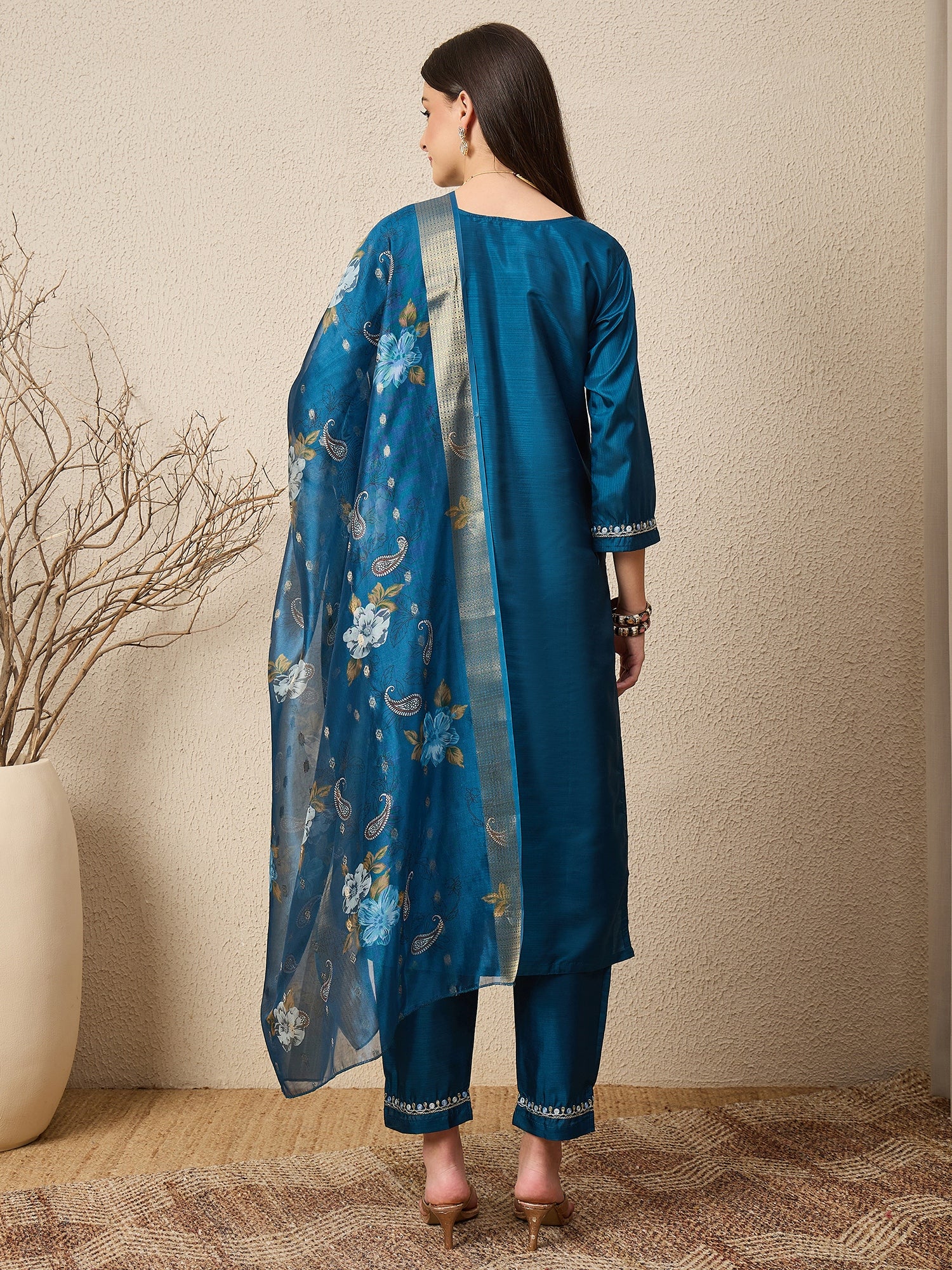 Kankotri Blue Women Silk Blend Kurta and Trousers Pant Set