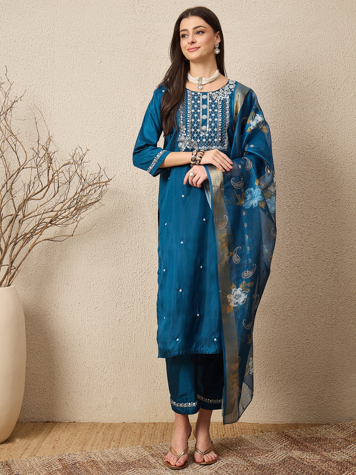 Kankotri Blue Women Silk Blend Kurta and Trousers Pant Set