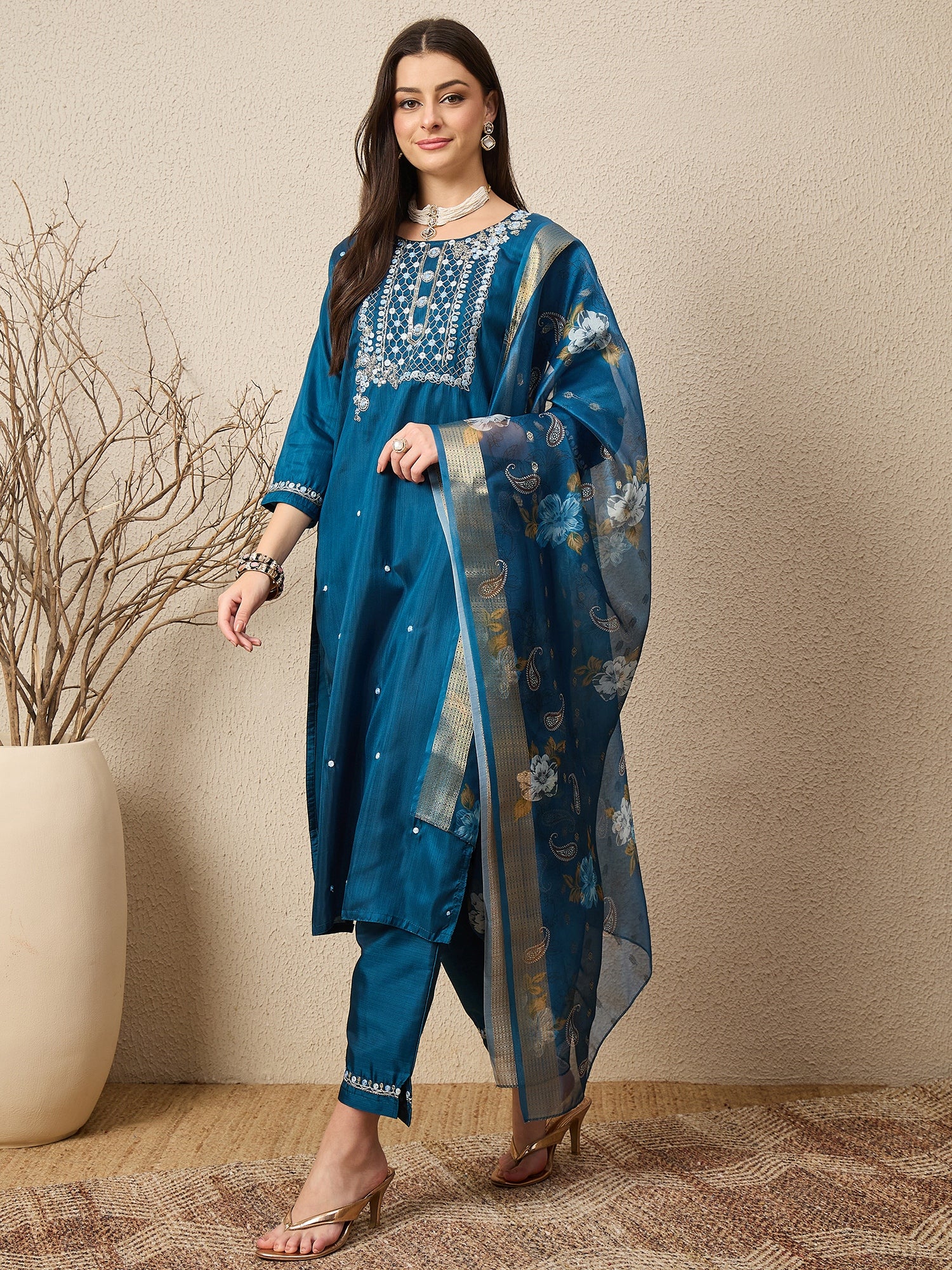 Kankotri Blue Women Silk Blend Kurta and Trousers Pant Set
