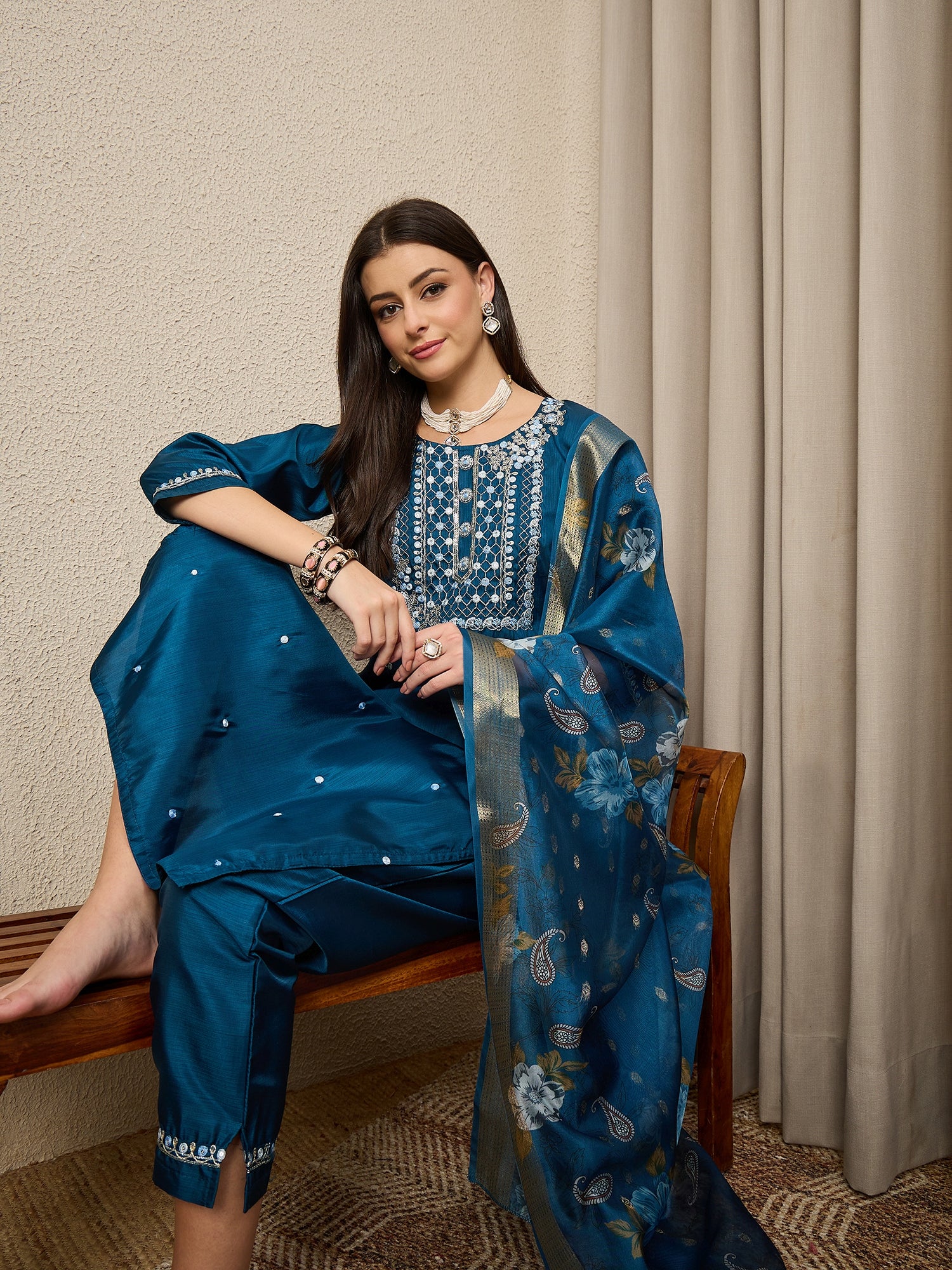 Kankotri Blue Women Silk Blend Kurta and Trousers Pant Set