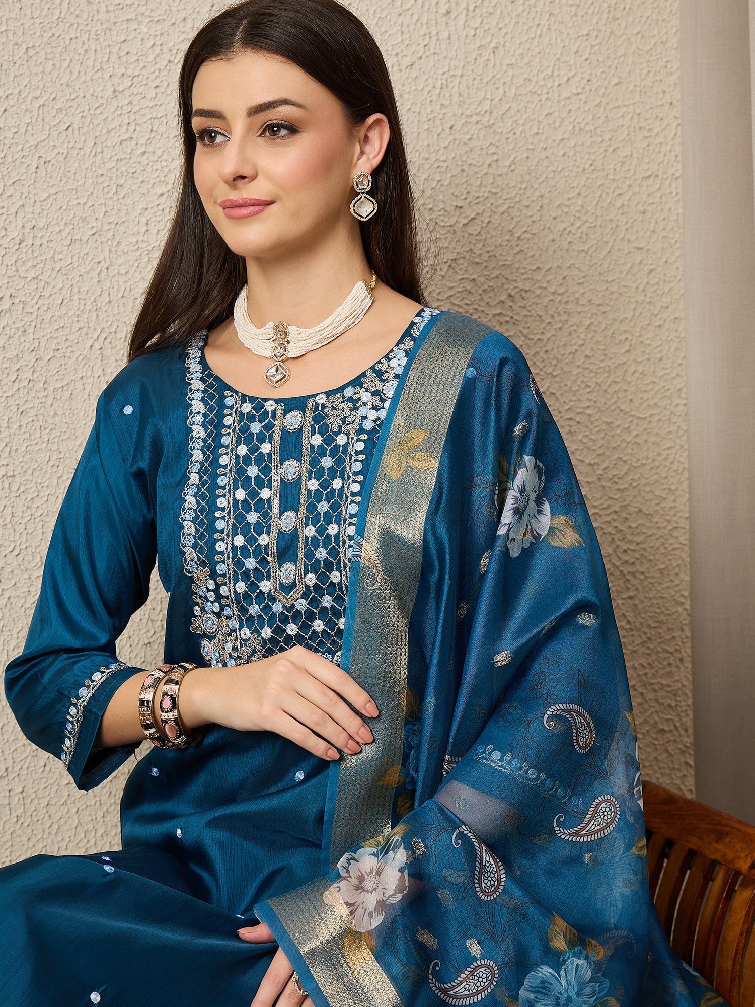 Kankotri Blue Women Silk Blend Kurta and Trousers Pant Set