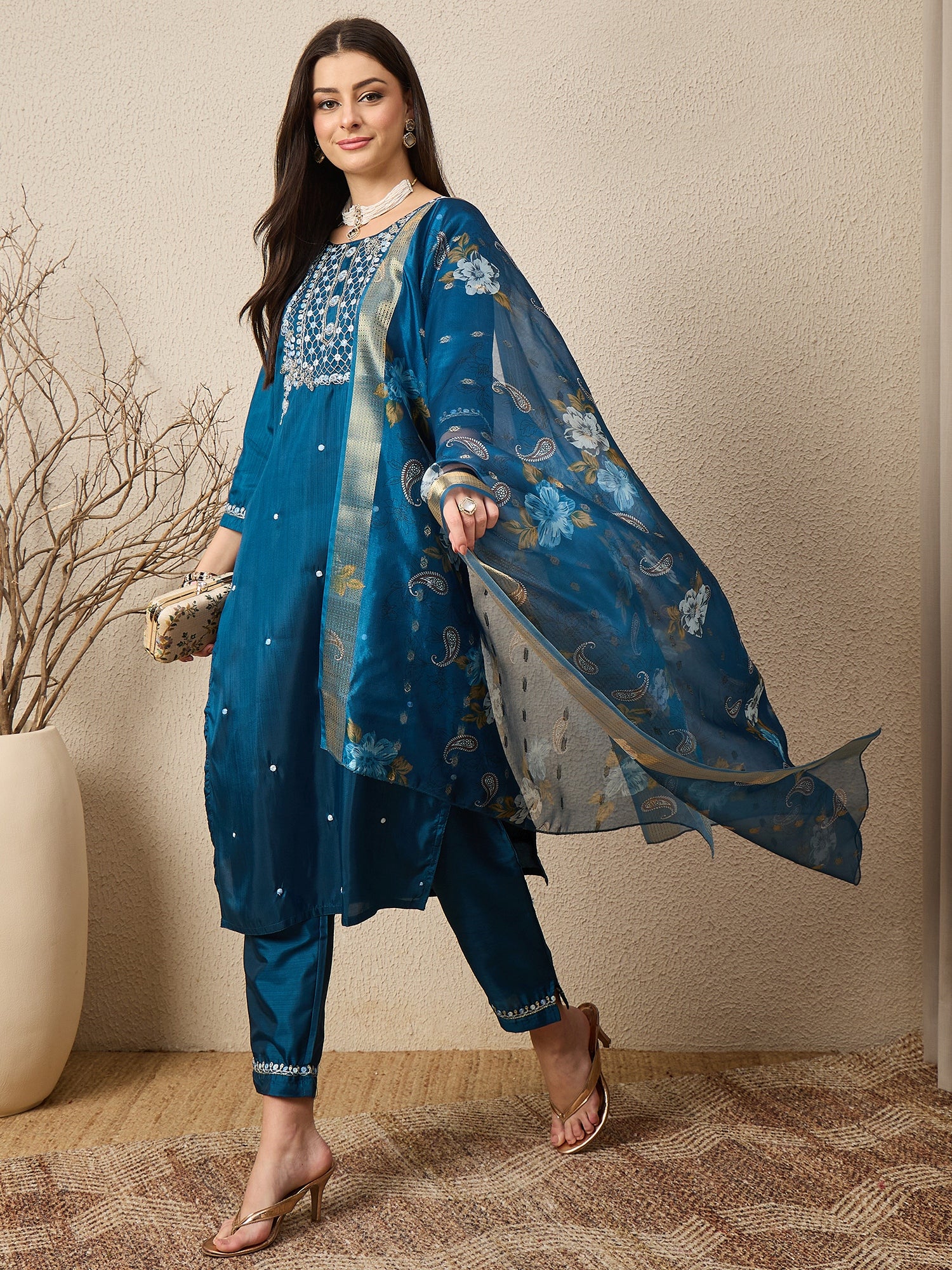 Kankotri Blue Women Silk Blend Kurta and Trousers Pant Set