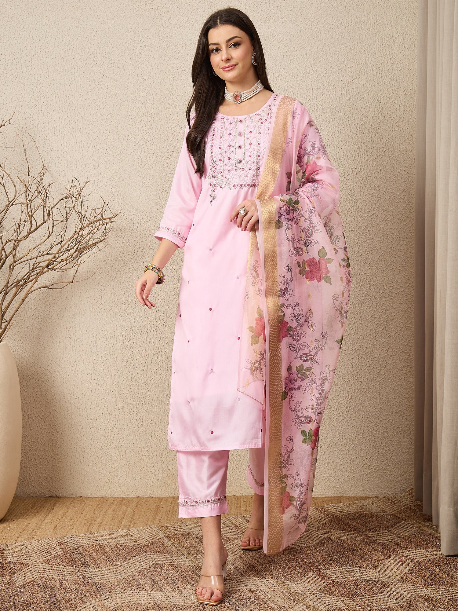 KesarSaga Pink Women Silk Blend Kurta and Trousers Pant Set