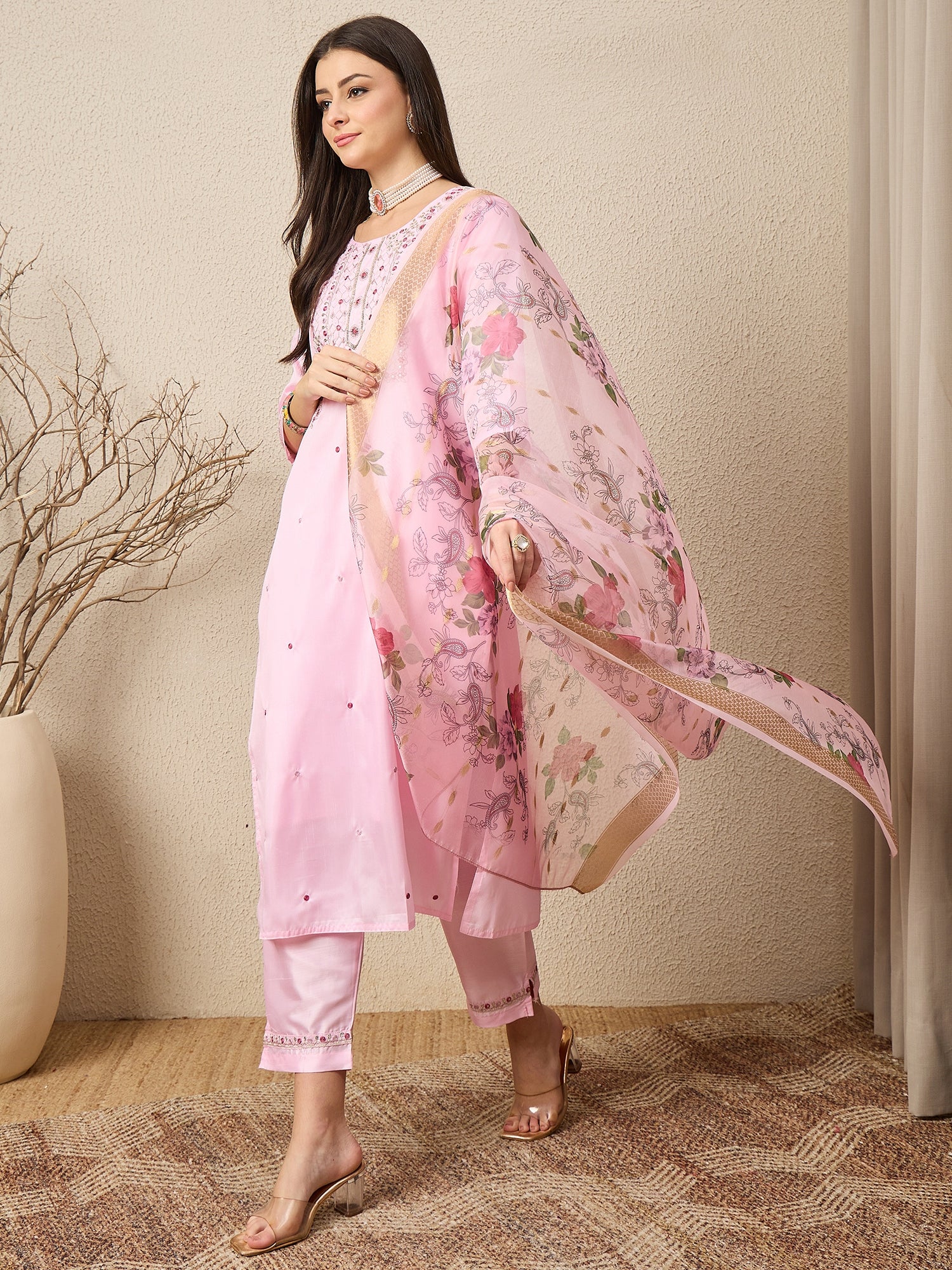 KesarSaga Pink Women Silk Blend Kurta and Trousers Pant Set