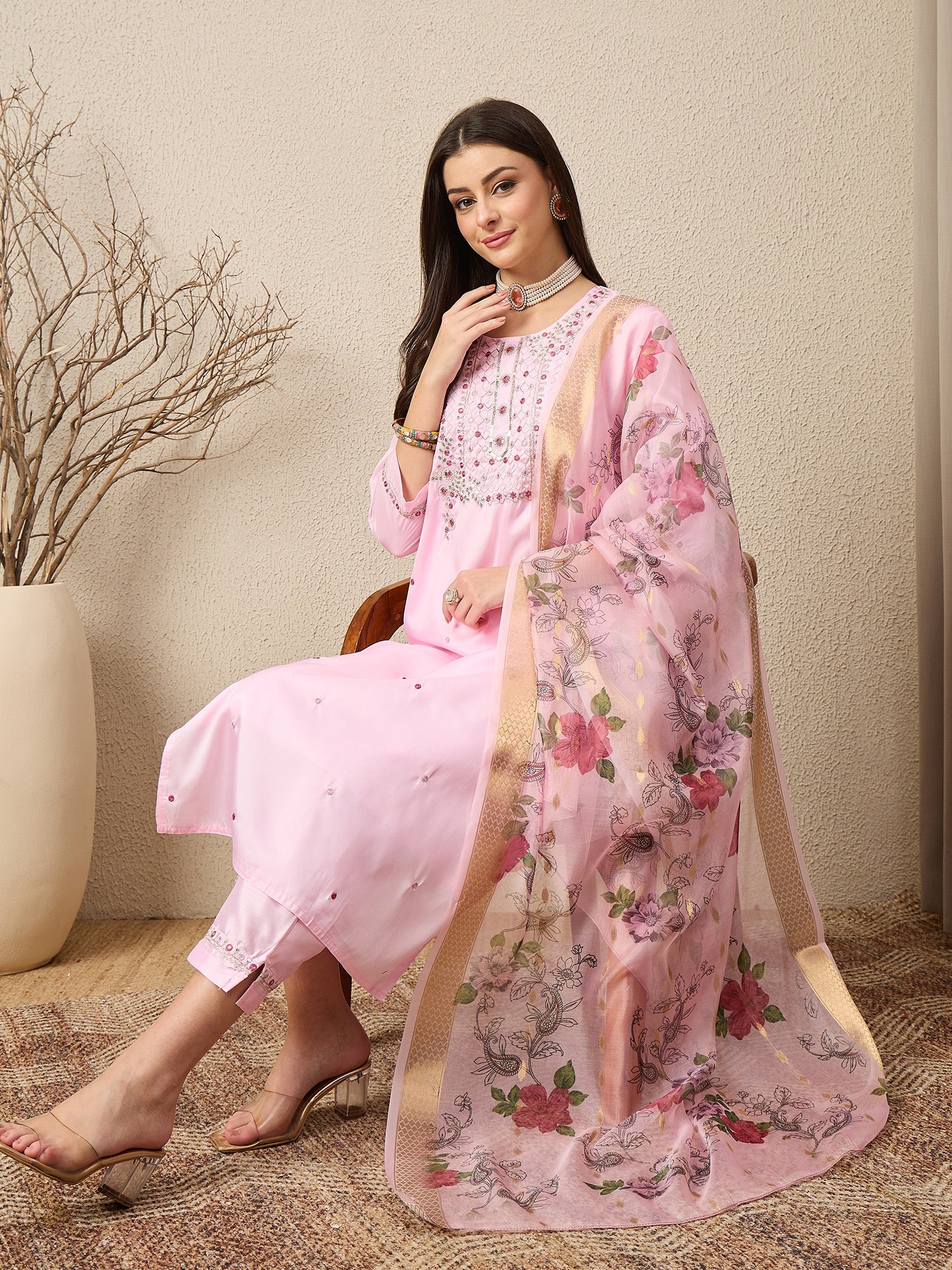 KesarSaga Pink Women Silk Blend Kurta and Trousers Pant Set