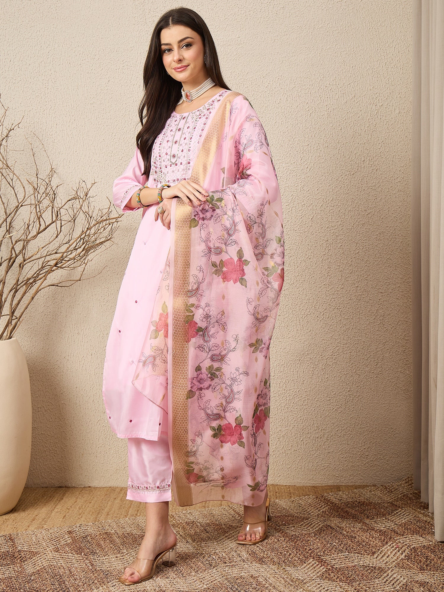 KesarSaga Pink Women Silk Blend Kurta and Trousers Pant Set