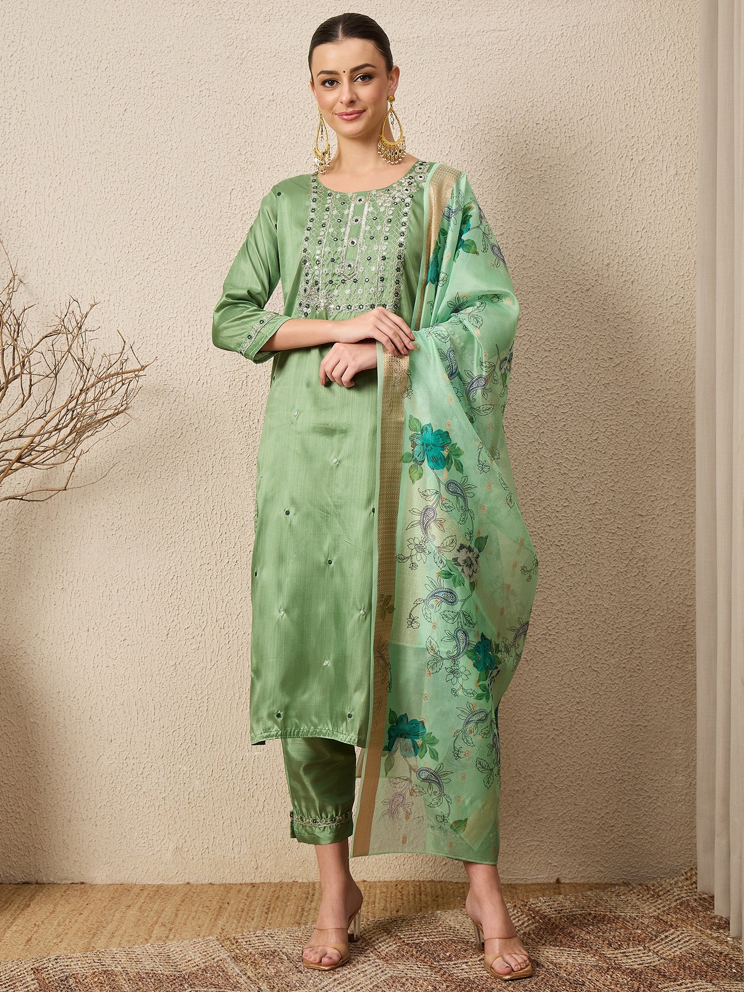 Lavanya Pista Women Silk Blend Kurta and Trousers Pant Set