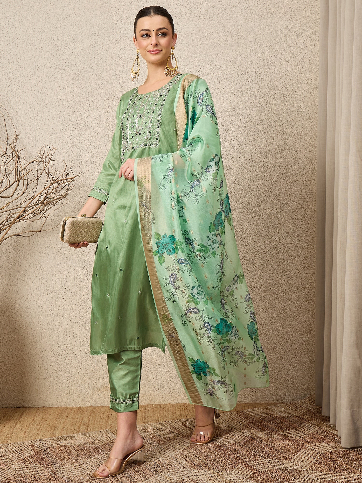 Lavanya Pista Women Silk Blend Kurta and Trousers Pant Set