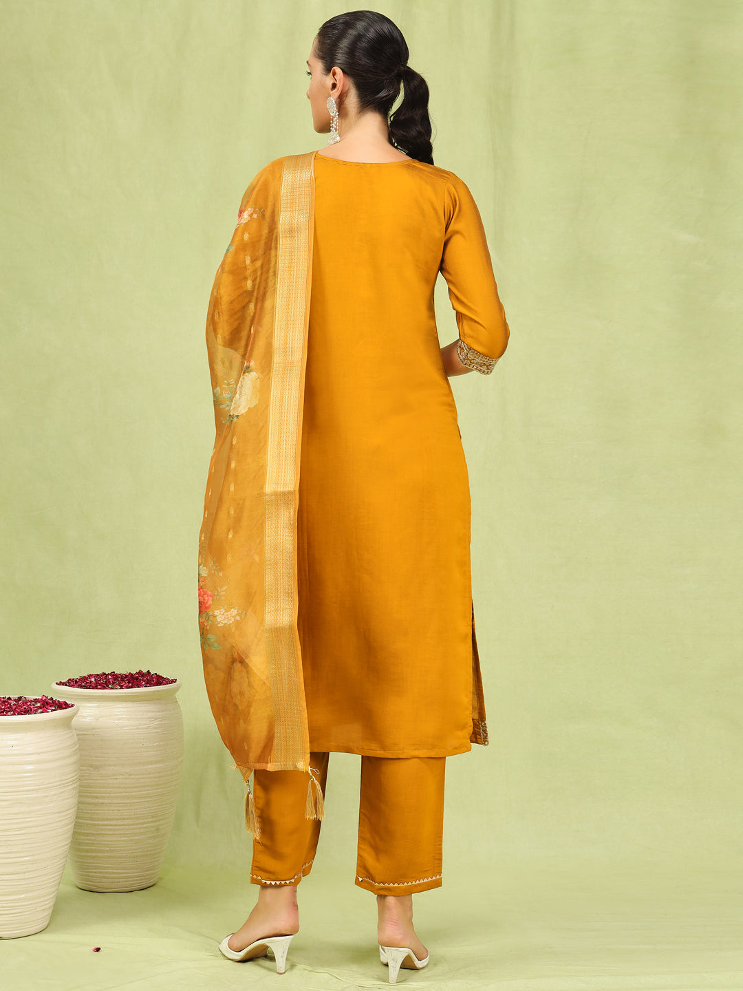 VredeVogel Women’s Viscose Roman Silk Embroidery Straight Kurta Pant with Dupatta Set