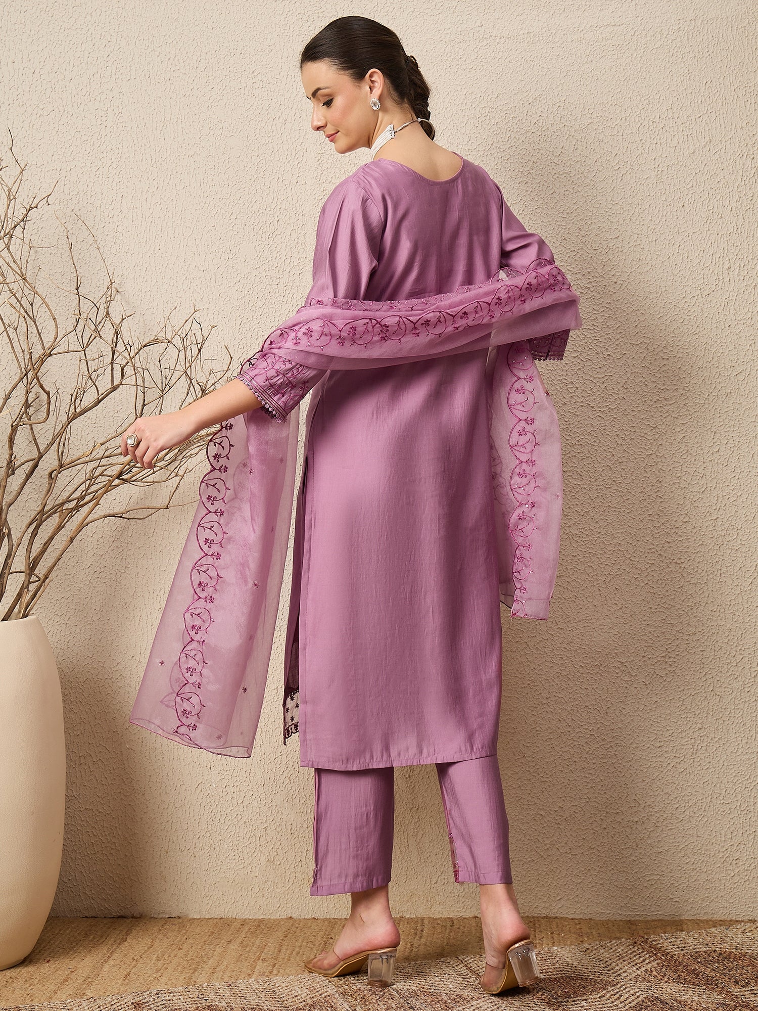 Nayika Lavender Women Silk Blend Kurta and Trousers Pant Set