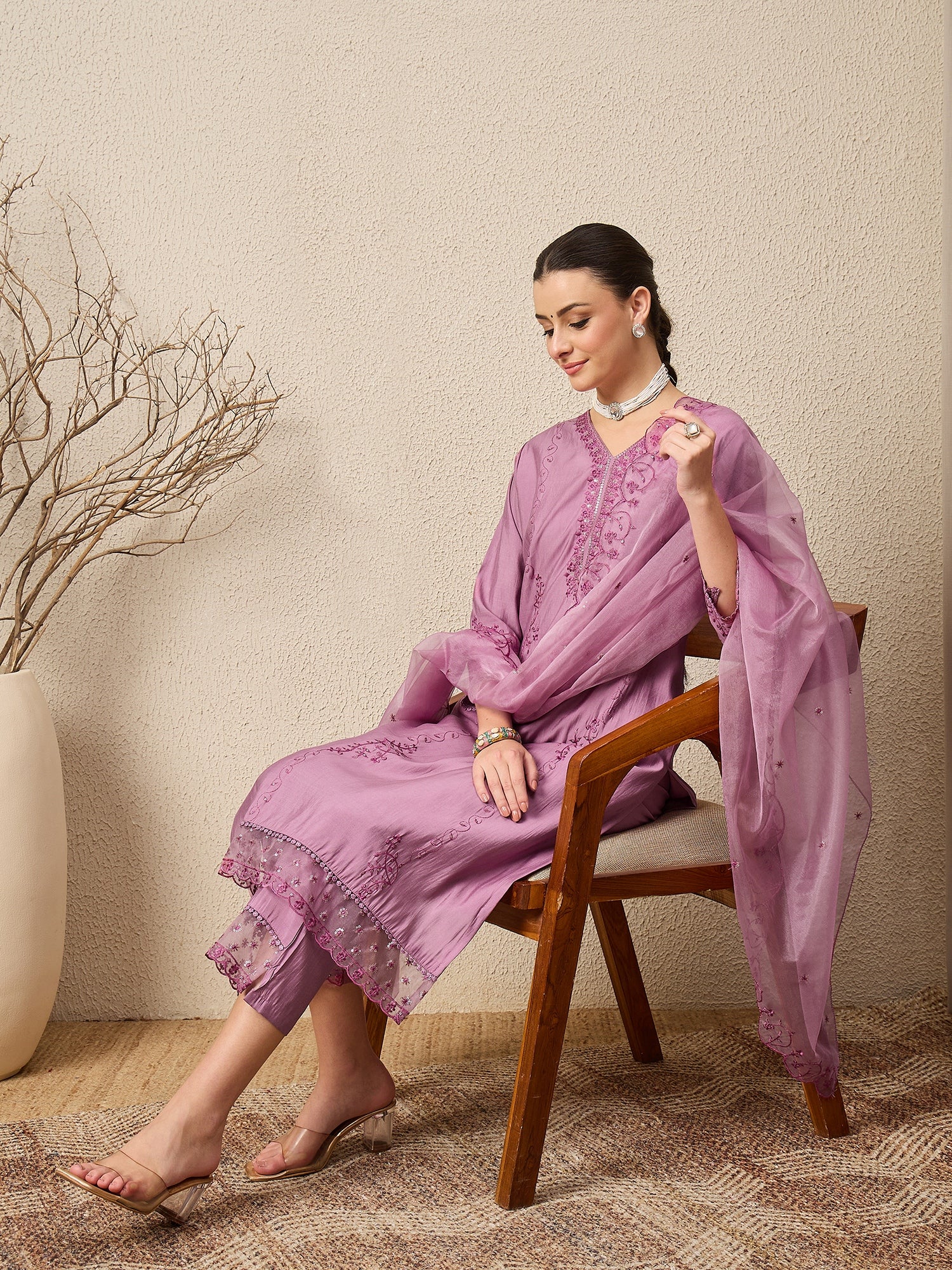 Nayika Lavender Women Silk Blend Kurta and Trousers Pant Set