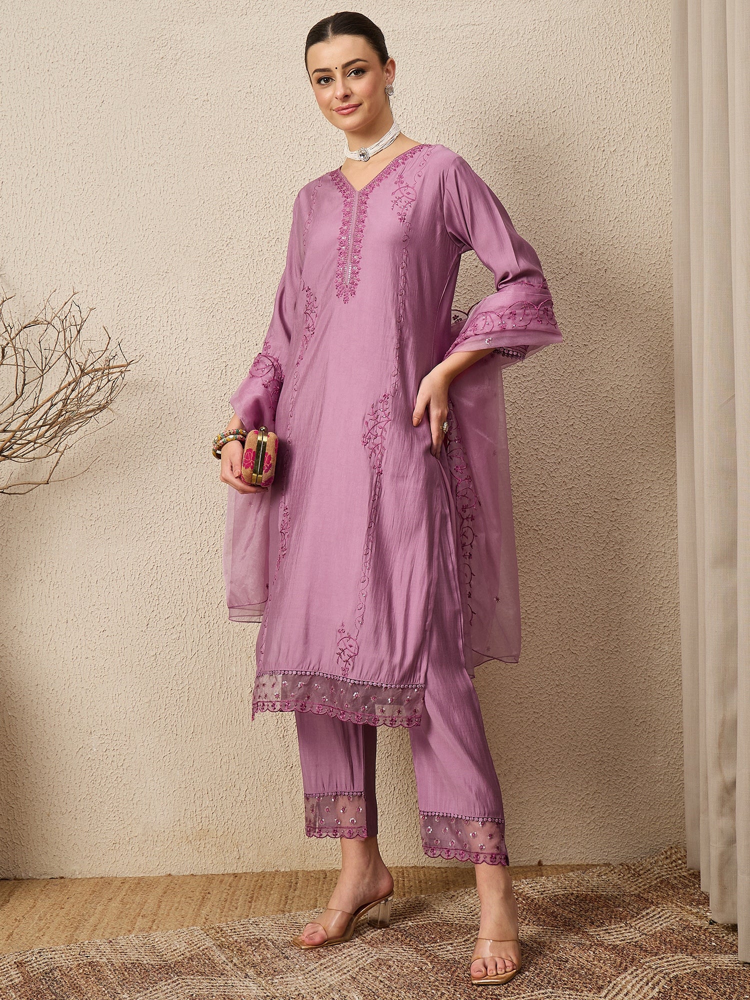 Nayika Lavender Women Silk Blend Kurta and Trousers Pant Set