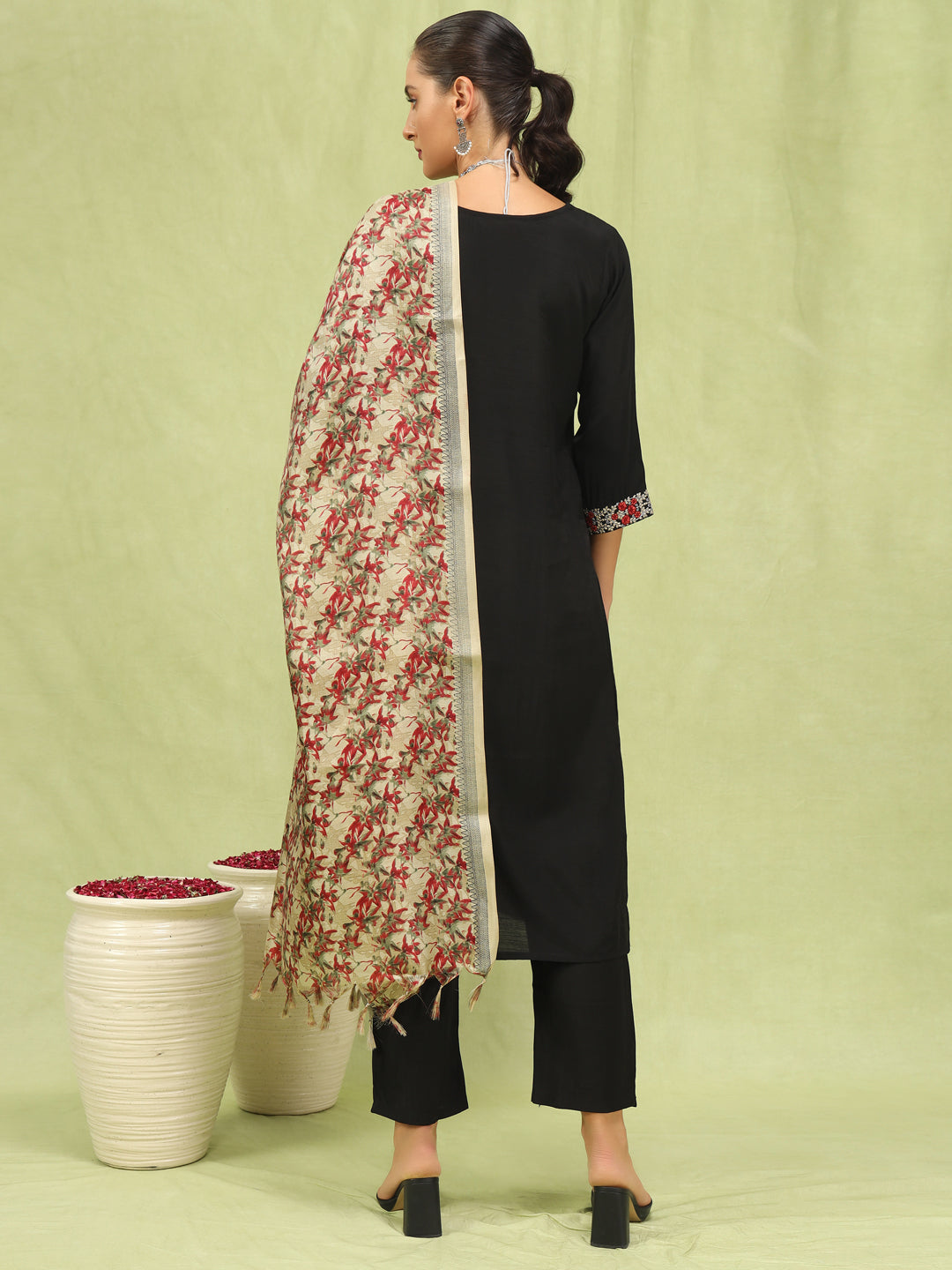 VredeVogel Women’s Viscose Roman Silk Embroidery Straight Kurta Pant with Dupatta Set