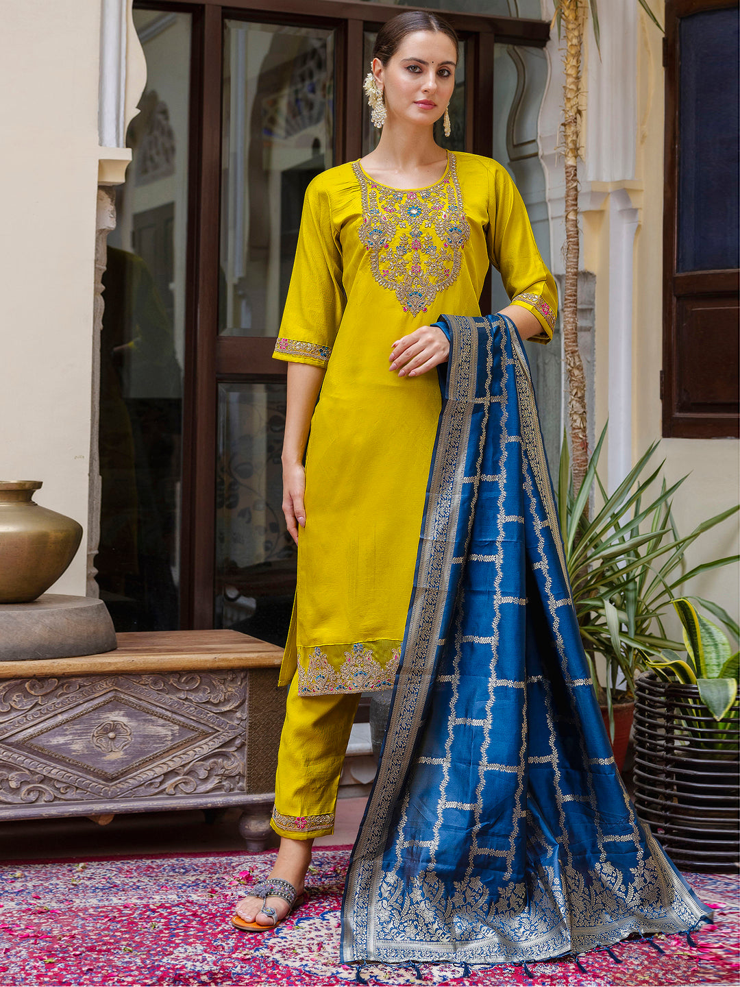 Aurika Viscose Rayon Embroidered Straight Kurta with Pant & Dupatta Set