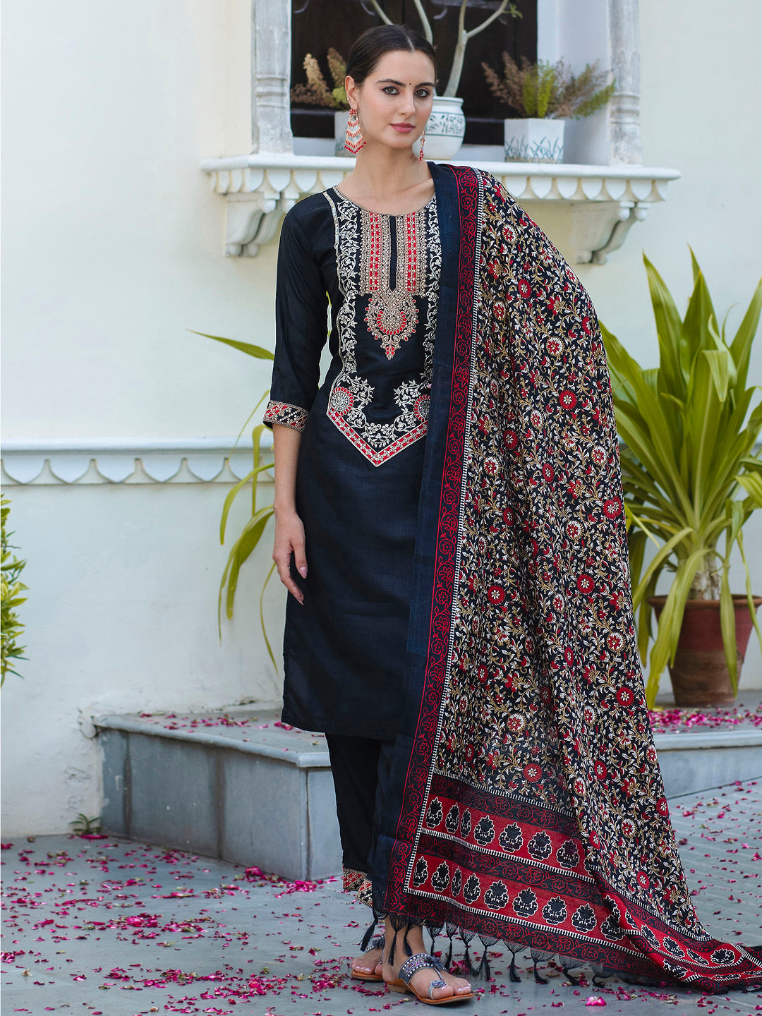 VredeVogel Embroidered Silk Blend Calf Length Straight Kurta Trouser with Dupatta Set