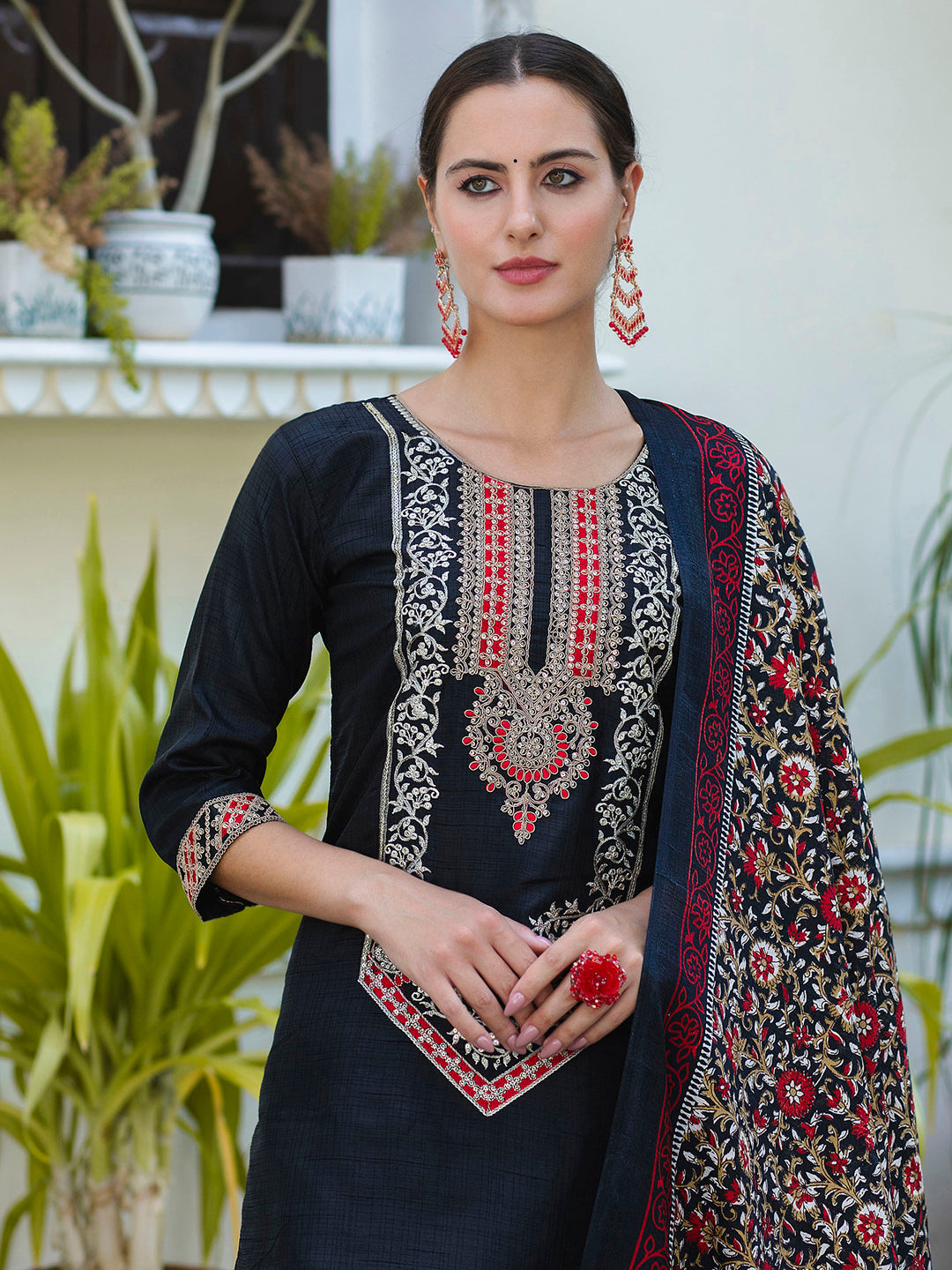 VredeVogel Embroidered Silk Blend Calf Length Straight Kurta Trouser with Dupatta Set