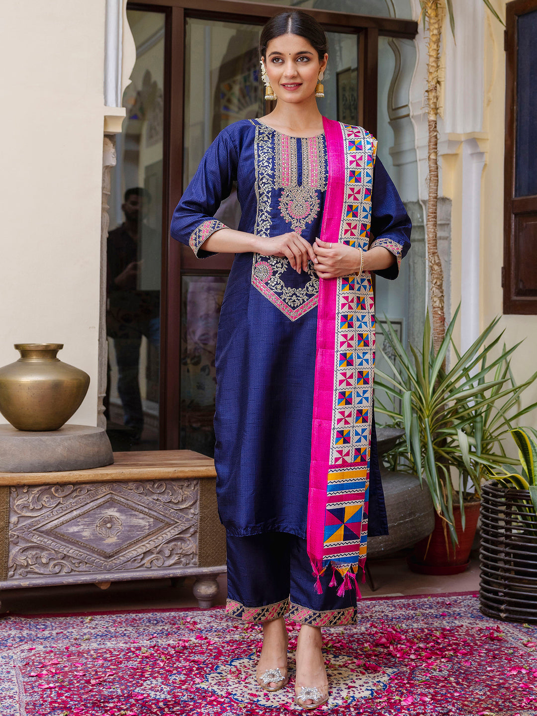 VredeVogel Embroidered Silk Blend Calf Length Straight Kurta Trouser with Dupatta Set