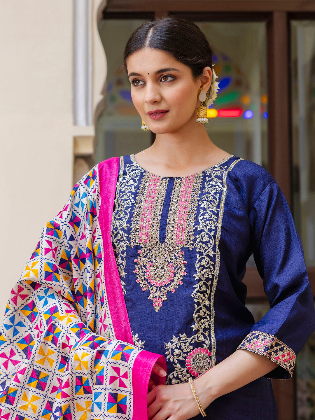 VredeVogel Embroidered Silk Blend Calf Length Straight Kurta Trouser with Dupatta Set