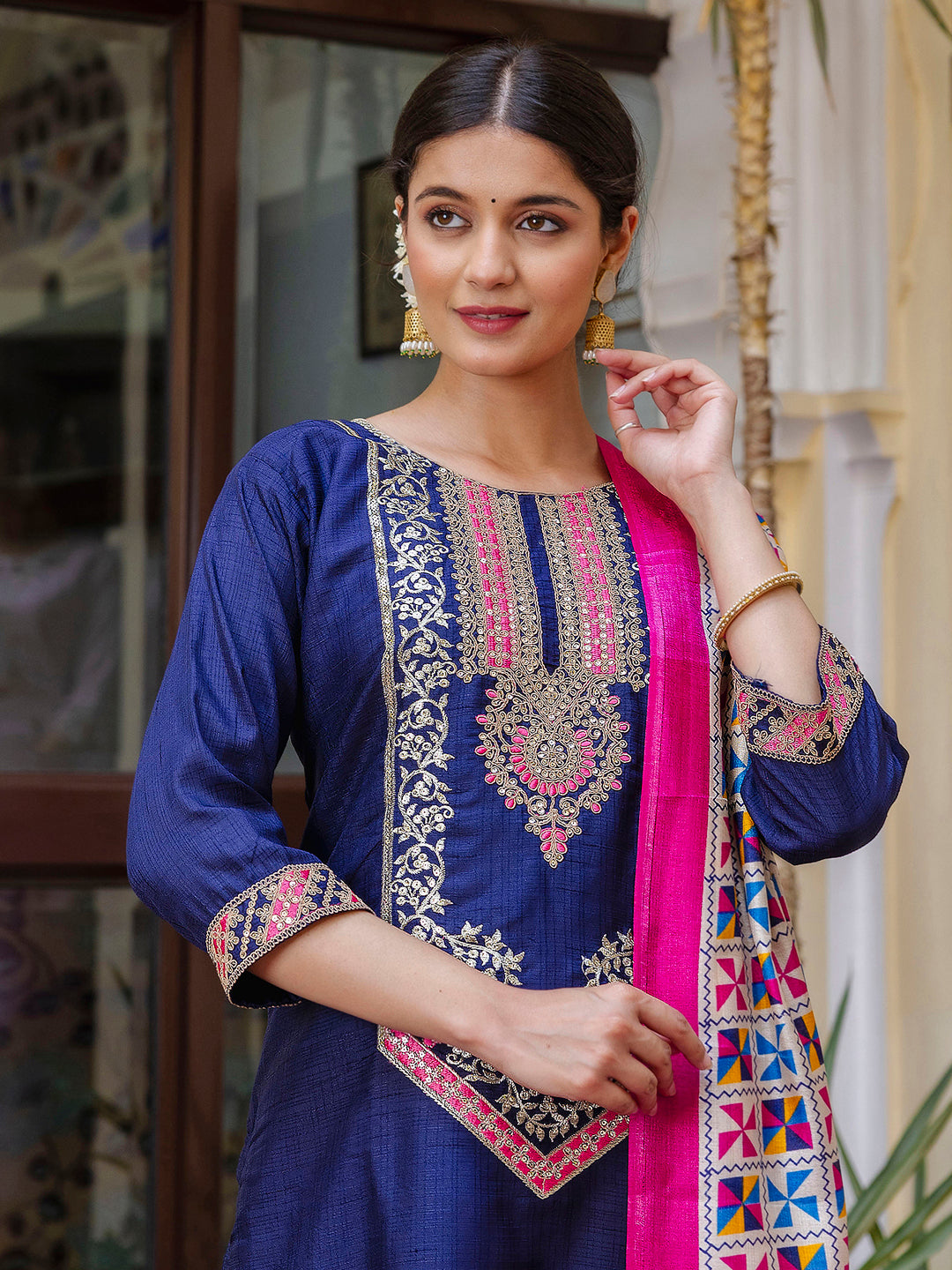 VredeVogel Embroidered Silk Blend Calf Length Straight Kurta Trouser with Dupatta Set