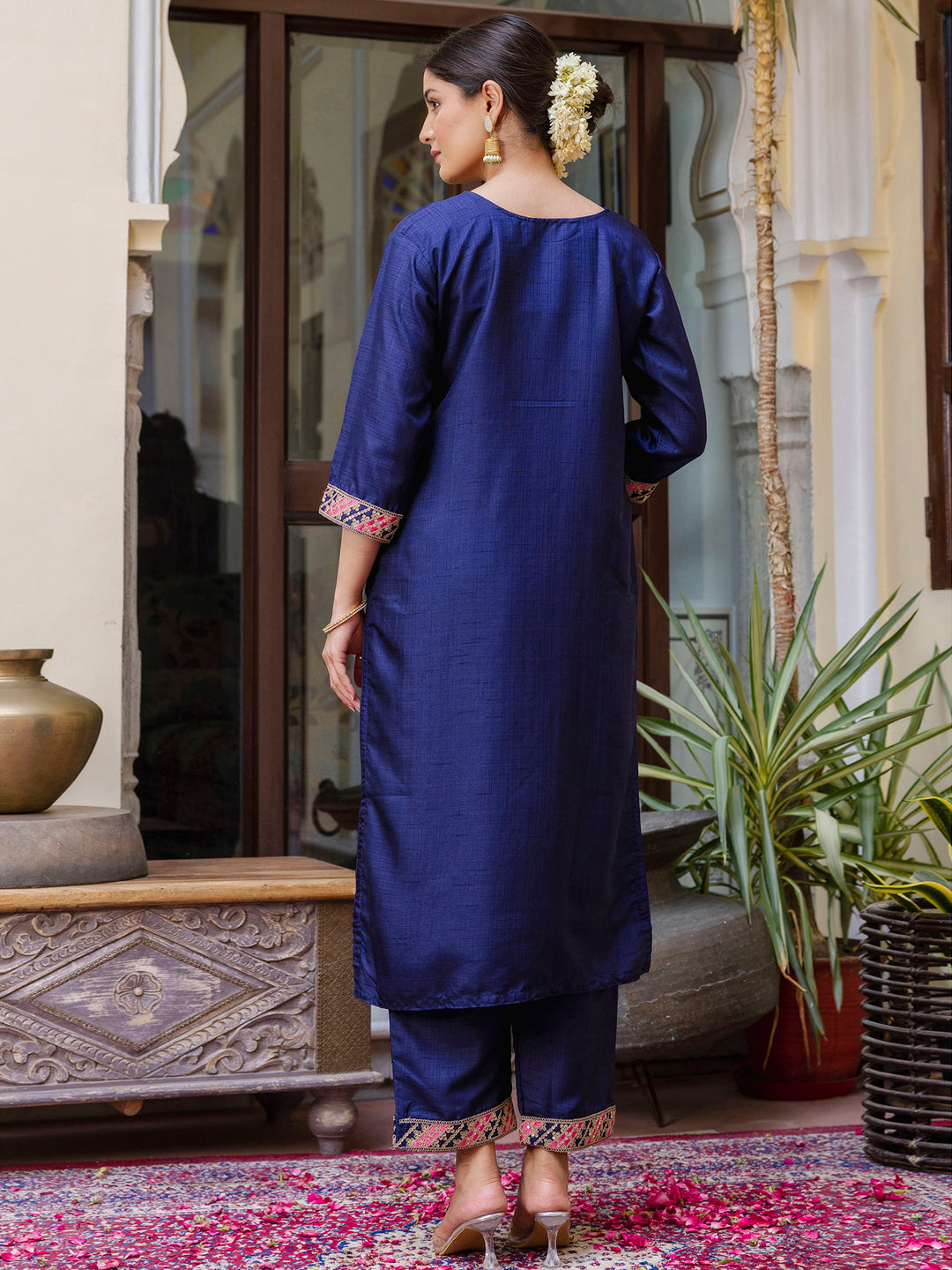 VredeVogel Embroidered Silk Blend Calf Length Straight Kurta Trouser with Dupatta Set