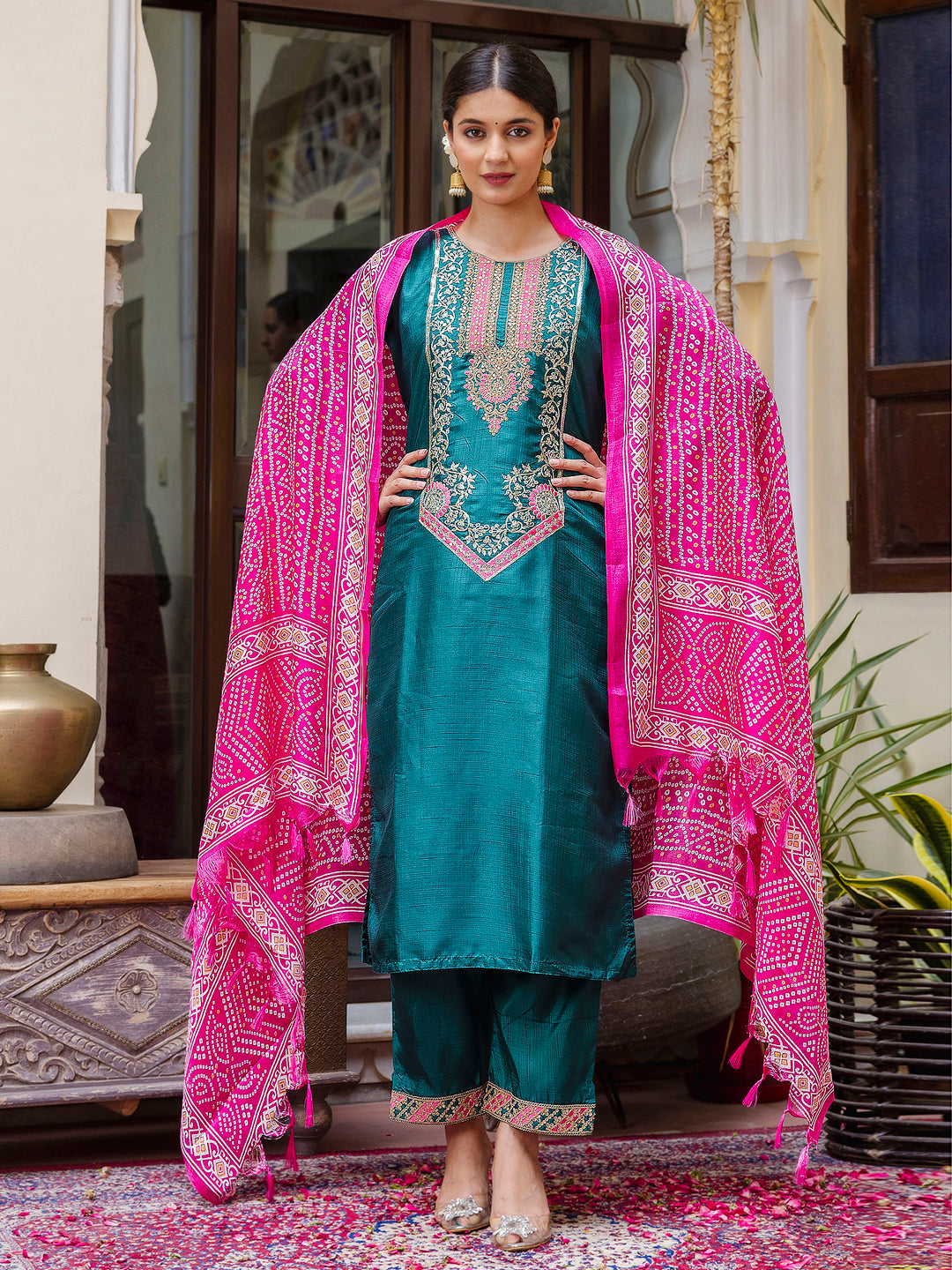 VredeVogel Embroidered Silk Blend Calf Length Straight Kurta Trouser with Dupatta Set