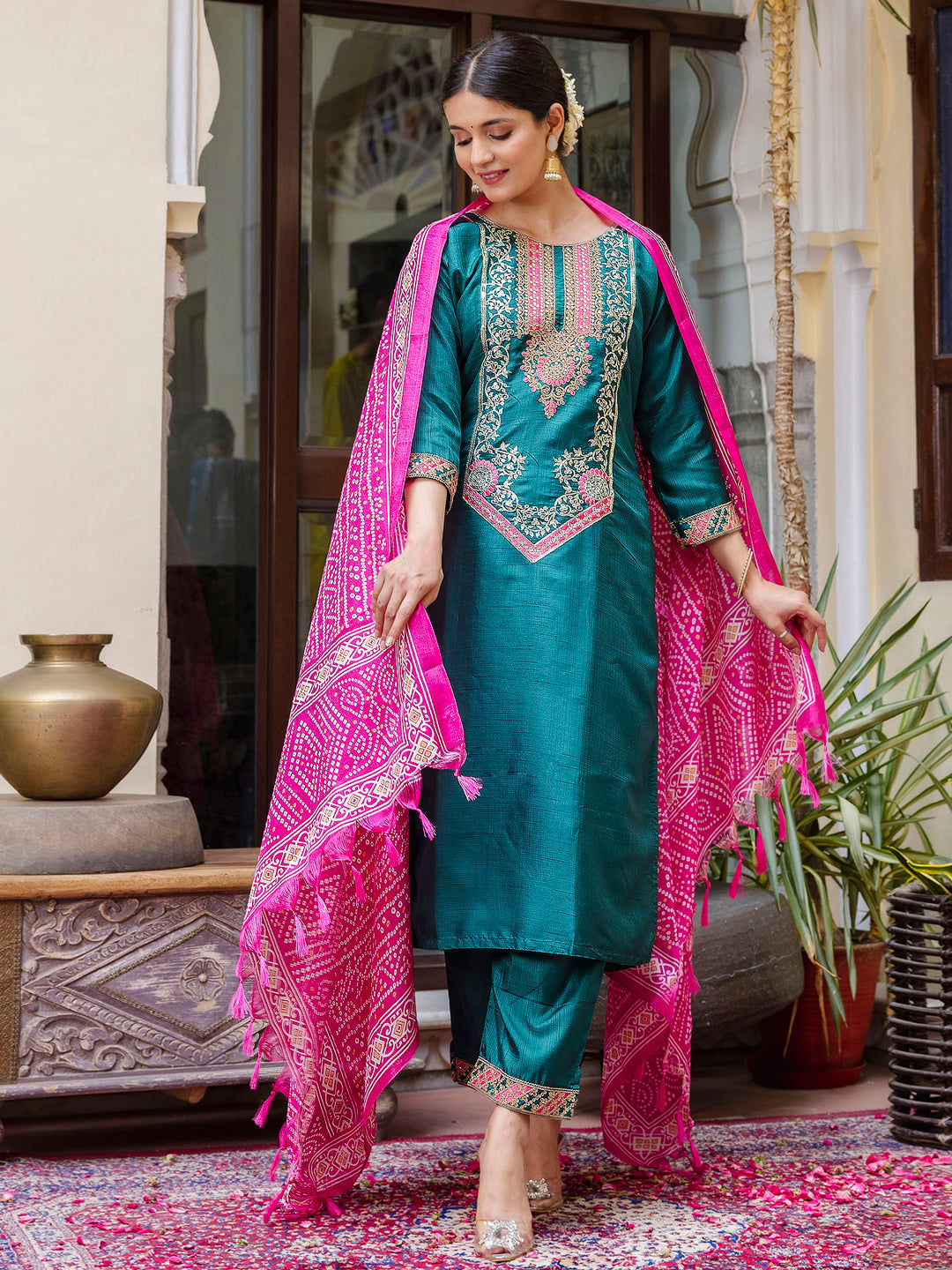 VredeVogel Embroidered Silk Blend Calf Length Straight Kurta Trouser with Dupatta Set