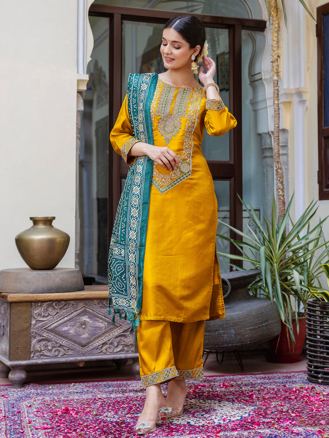 VredeVogel Embroidered Silk Blend Calf Length Straight Kurta Trouser with Dupatta Set