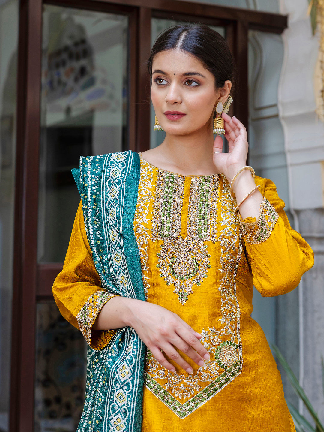 VredeVogel Embroidered Silk Blend Calf Length Straight Kurta Trouser with Dupatta Set