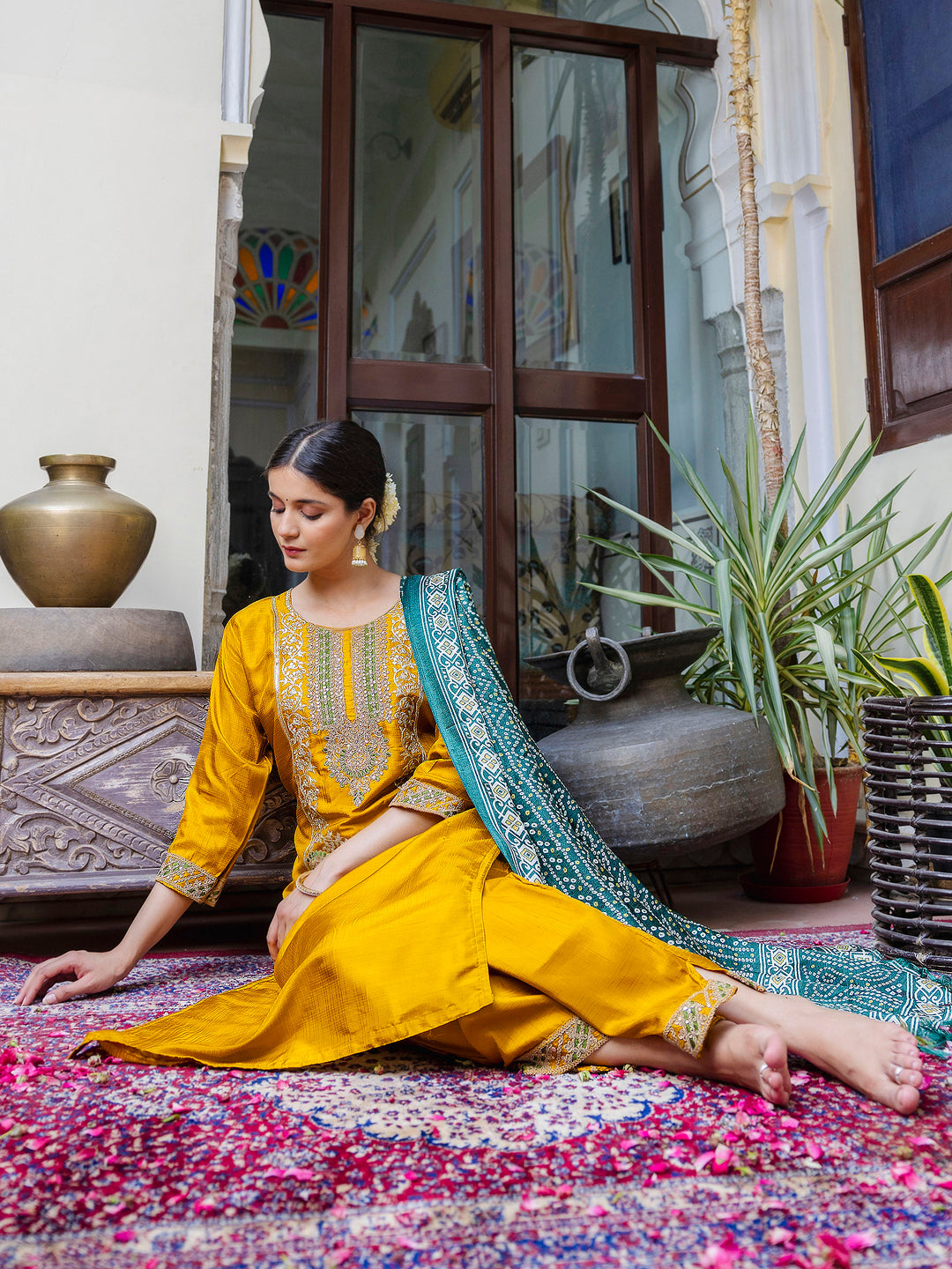 VredeVogel Embroidered Silk Blend Calf Length Straight Kurta Trouser with Dupatta Set