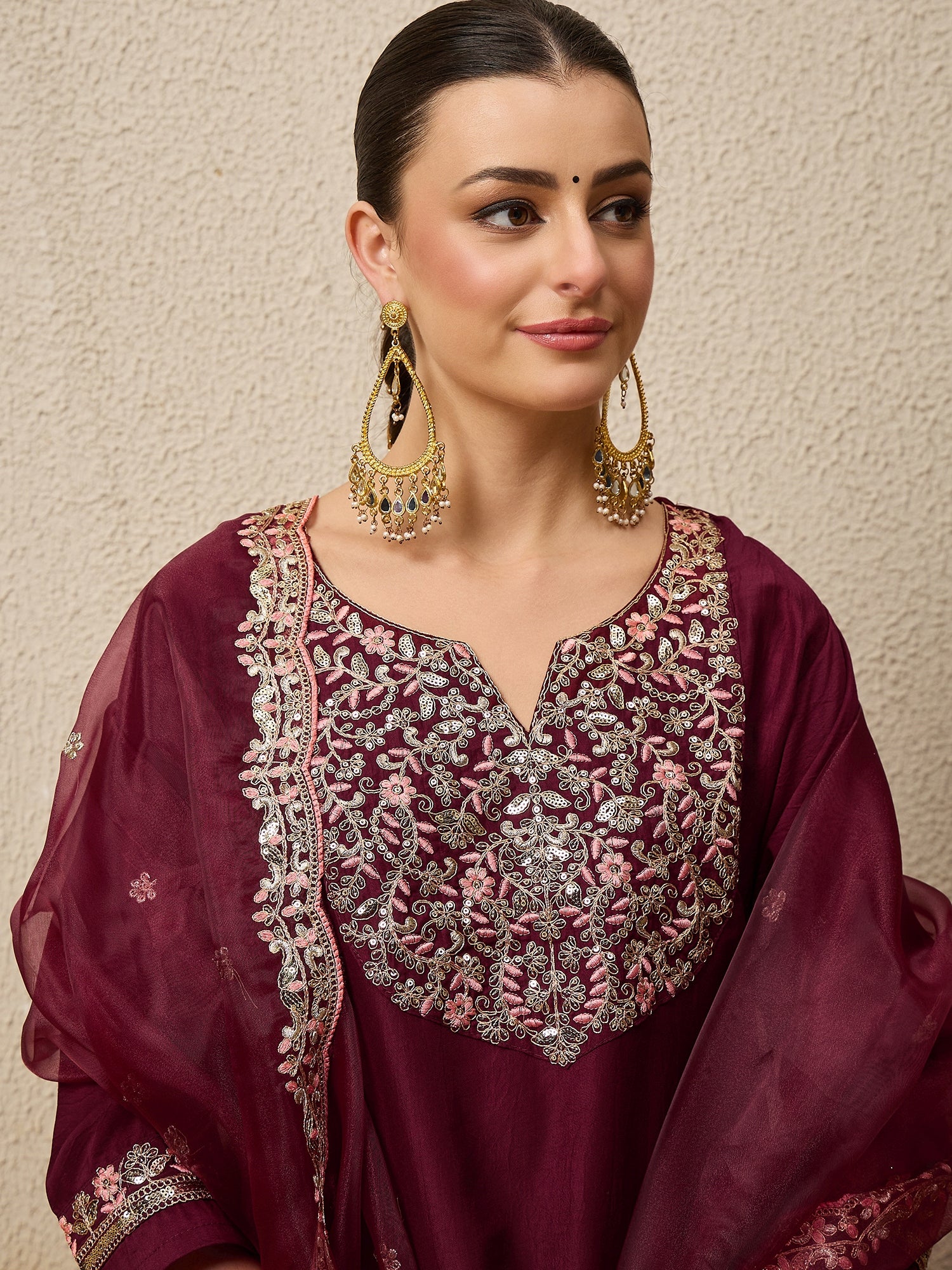Roop Maroon Yoke Design Silk Blend Straight Suit With Dupatta