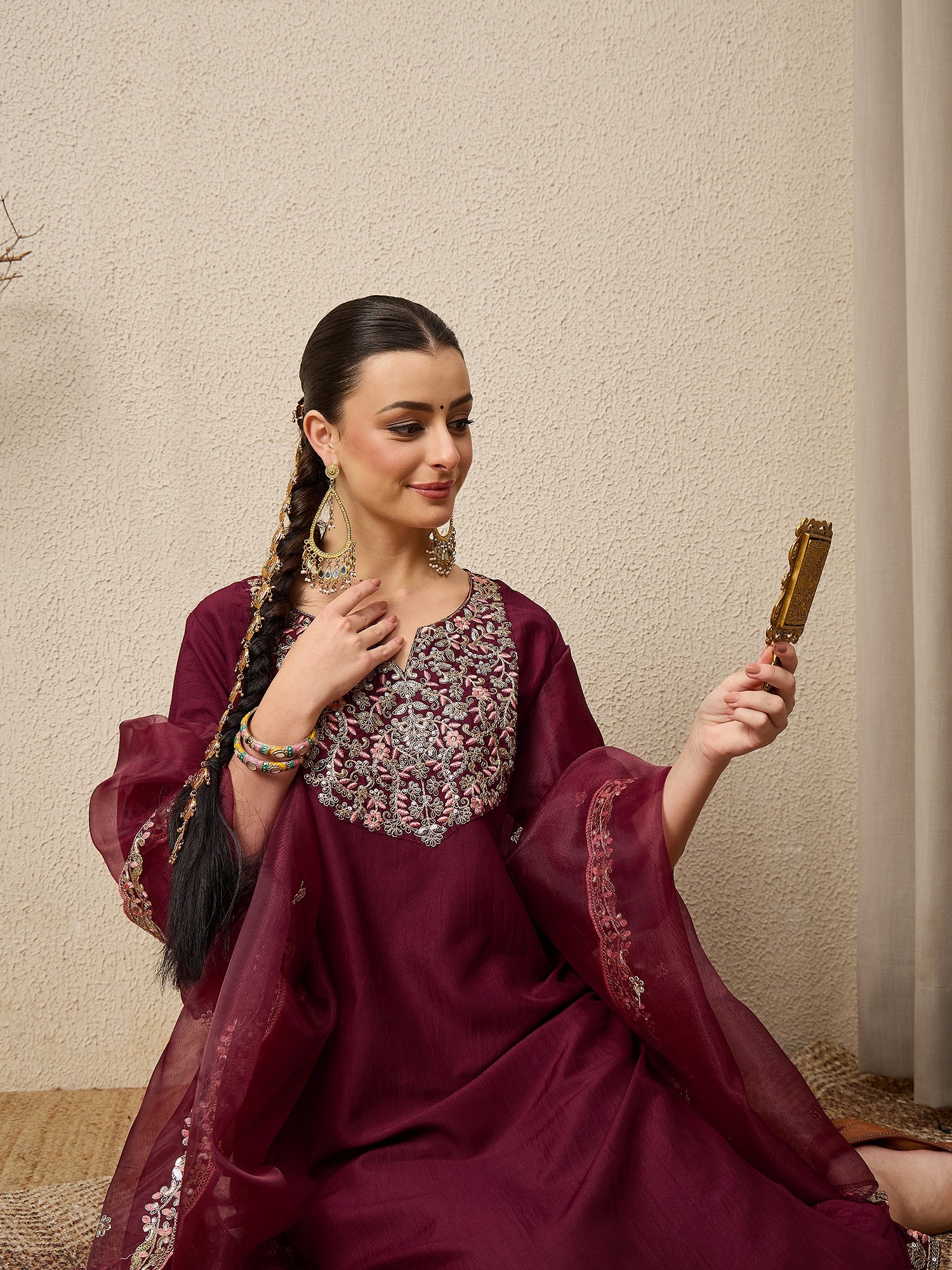 Roop Maroon Yoke Design Silk Blend Straight Suit With Dupatta
