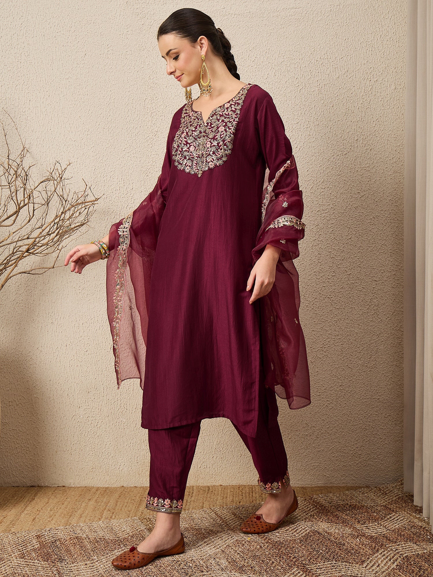 Roop Maroon Yoke Design Silk Blend Straight Suit With Dupatta