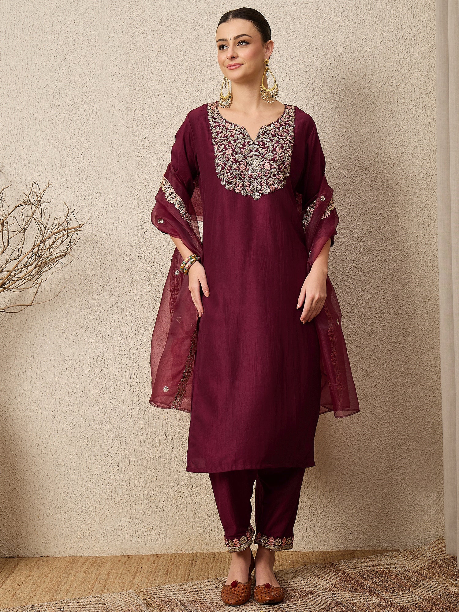 Roop Maroon Yoke Design Silk Blend Straight Suit With Dupatta