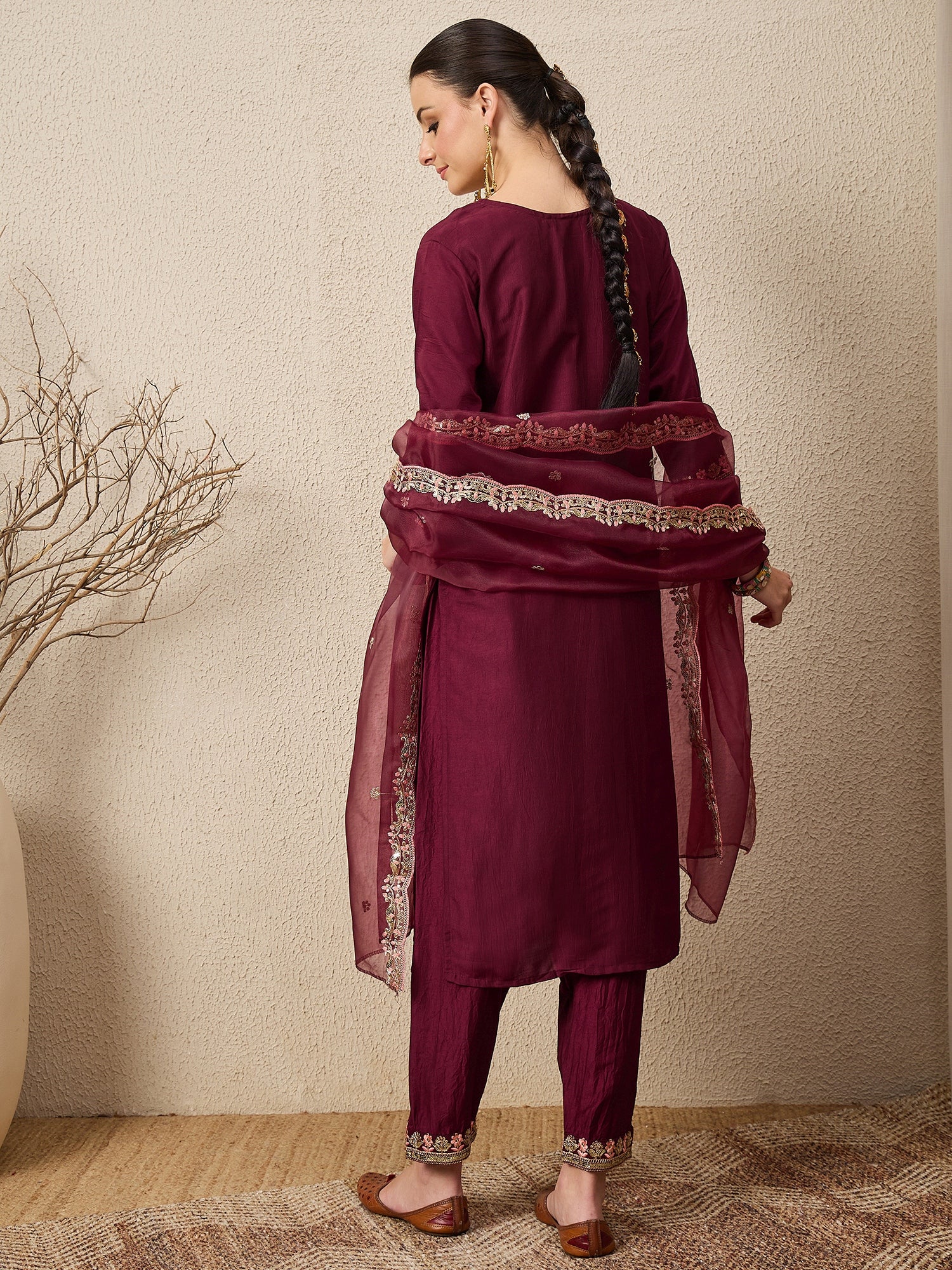 Roop Maroon Yoke Design Silk Blend Straight Suit With Dupatta