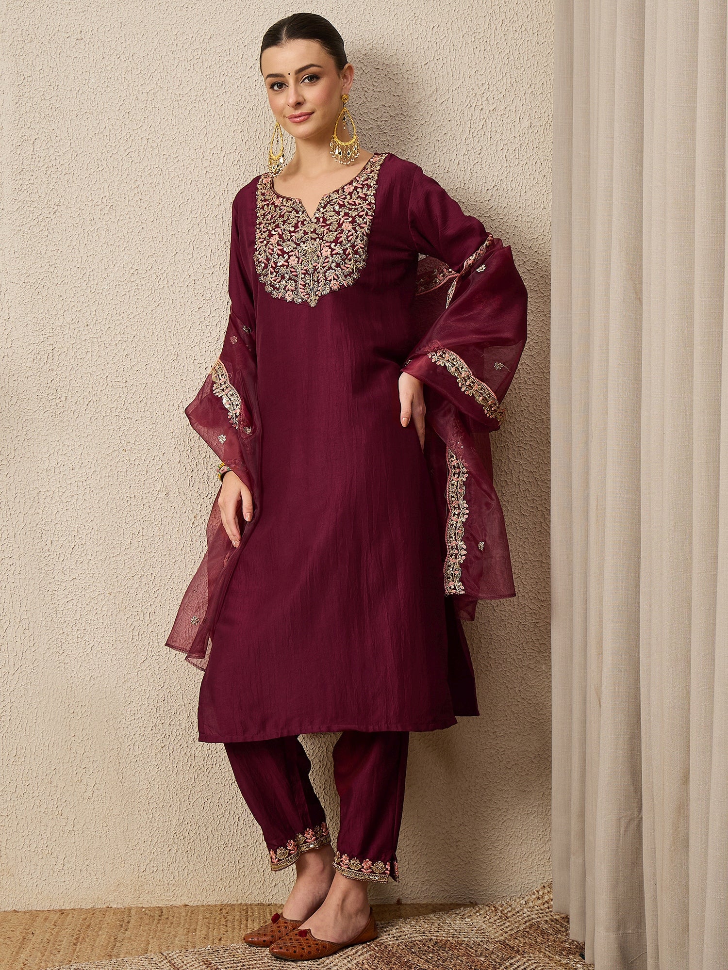 Roop Maroon Yoke Design Silk Blend Straight Suit With Dupatta
