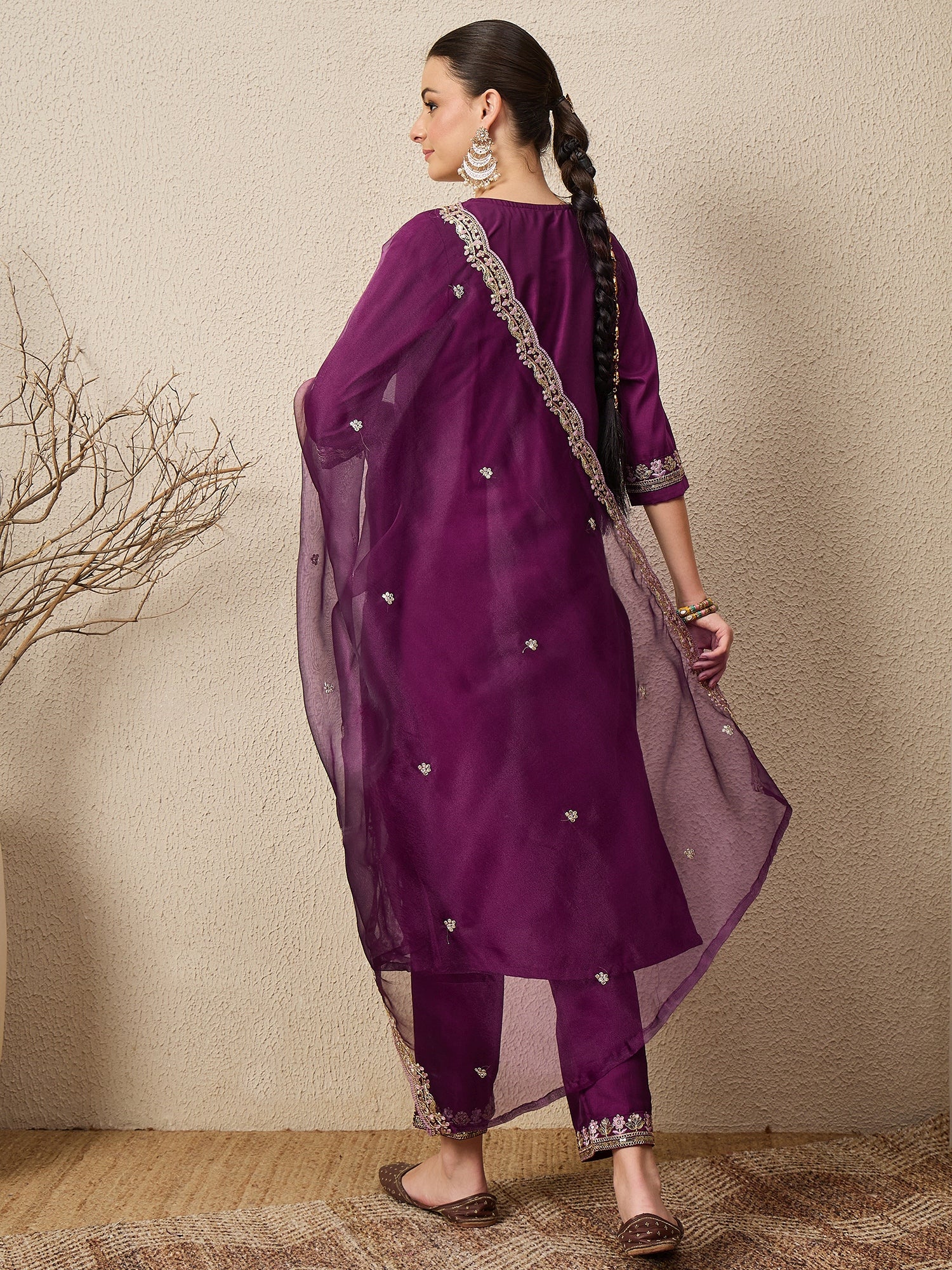 Ridhira Purple Yoke Design Silk Blend Straight Suit With Dupatta
