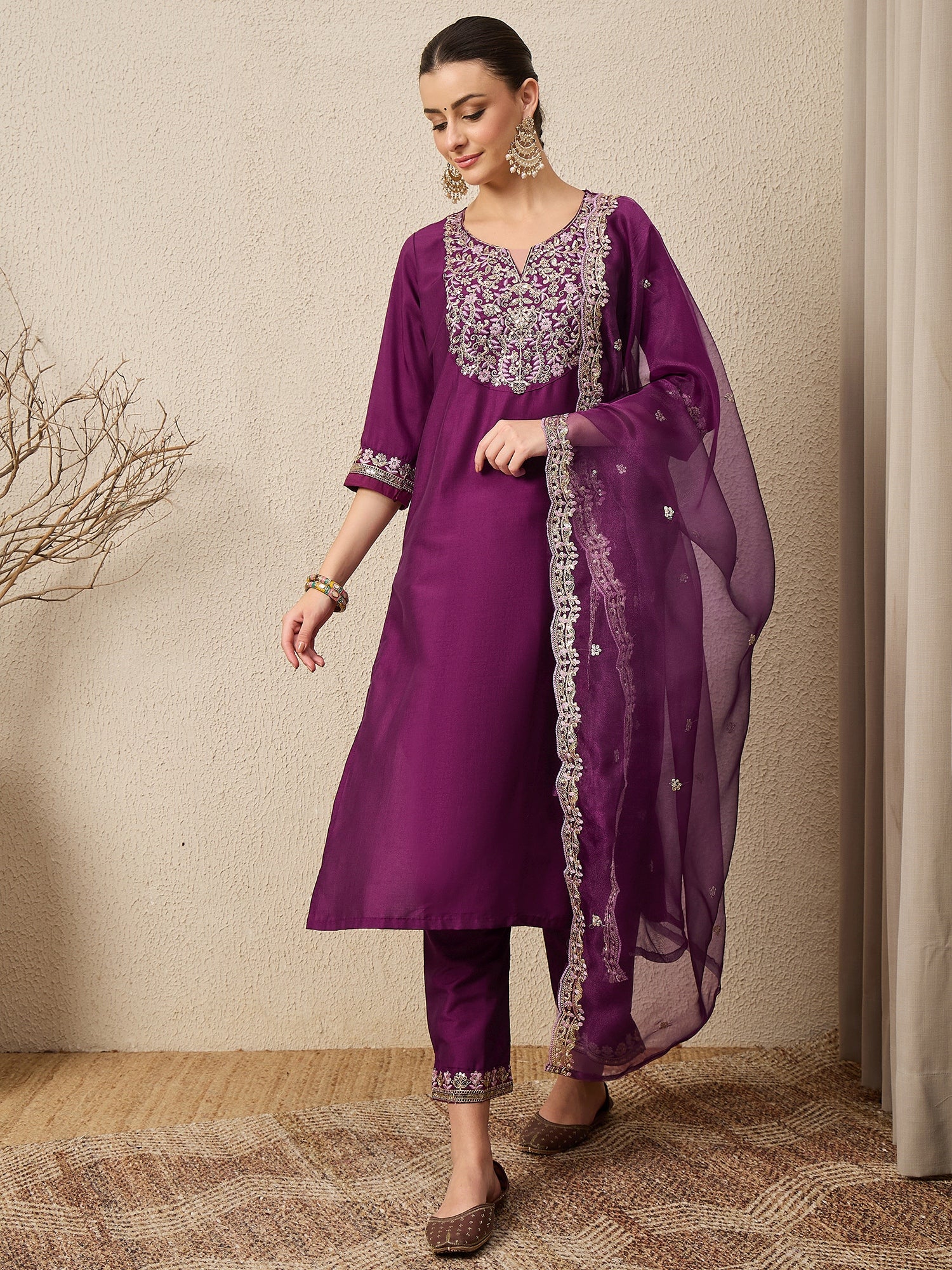 Ridhira Purple Yoke Design Silk Blend Straight Suit With Dupatta