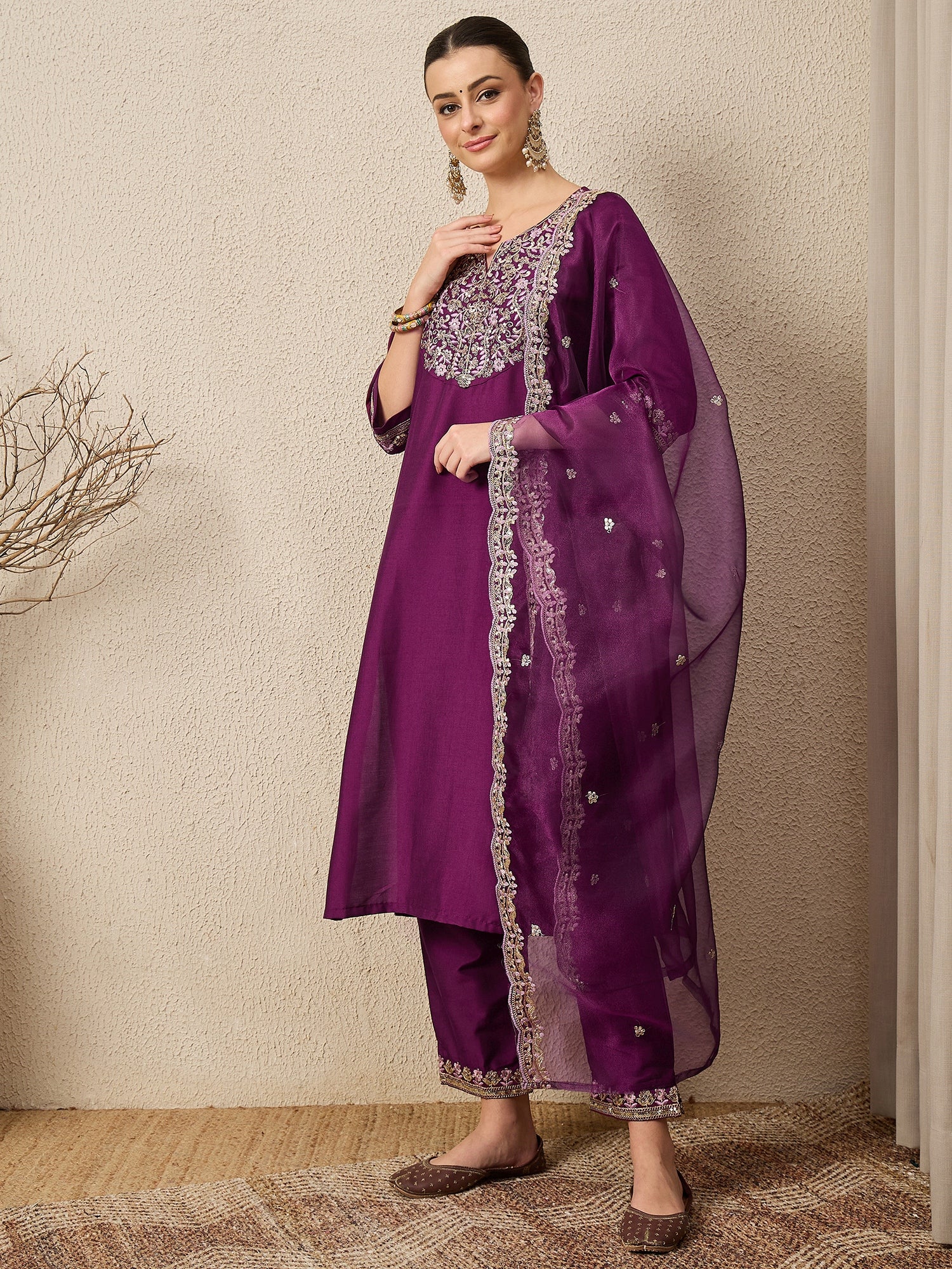 Ridhira Purple Yoke Design Silk Blend Straight Suit With Dupatta