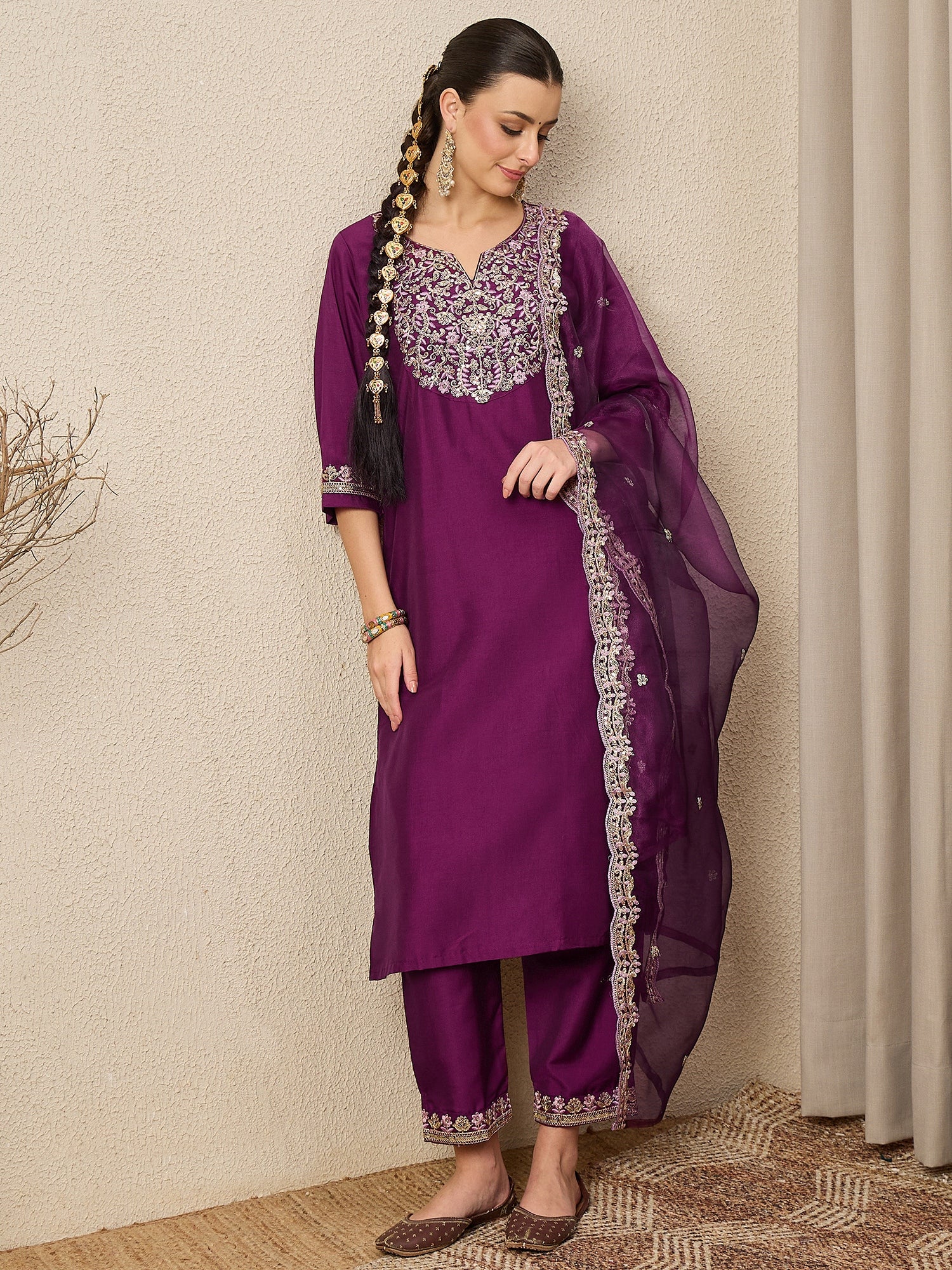 Ridhira Purple Yoke Design Silk Blend Straight Suit With Dupatta