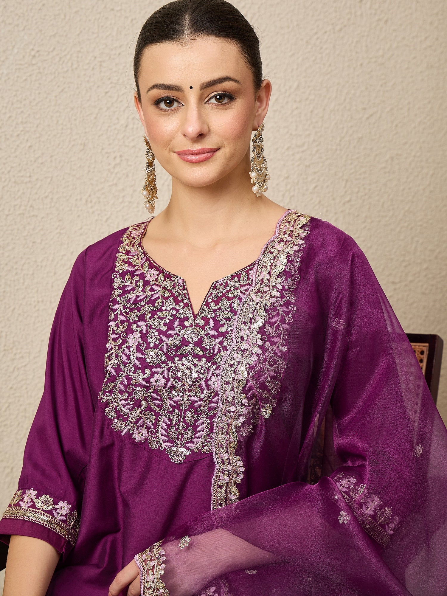 Ridhira Purple Yoke Design Silk Blend Straight Suit With Dupatta