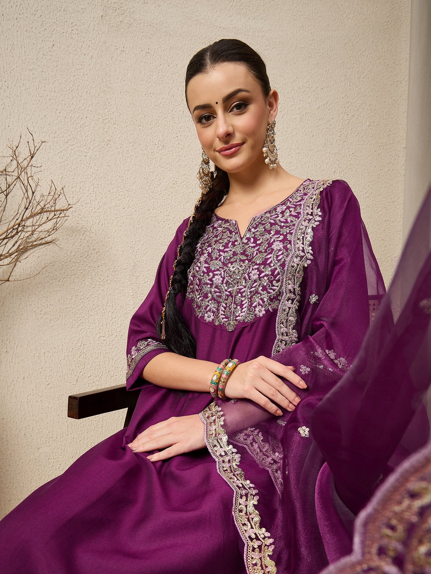 Ridhira Purple Yoke Design Silk Blend Straight Suit With Dupatta