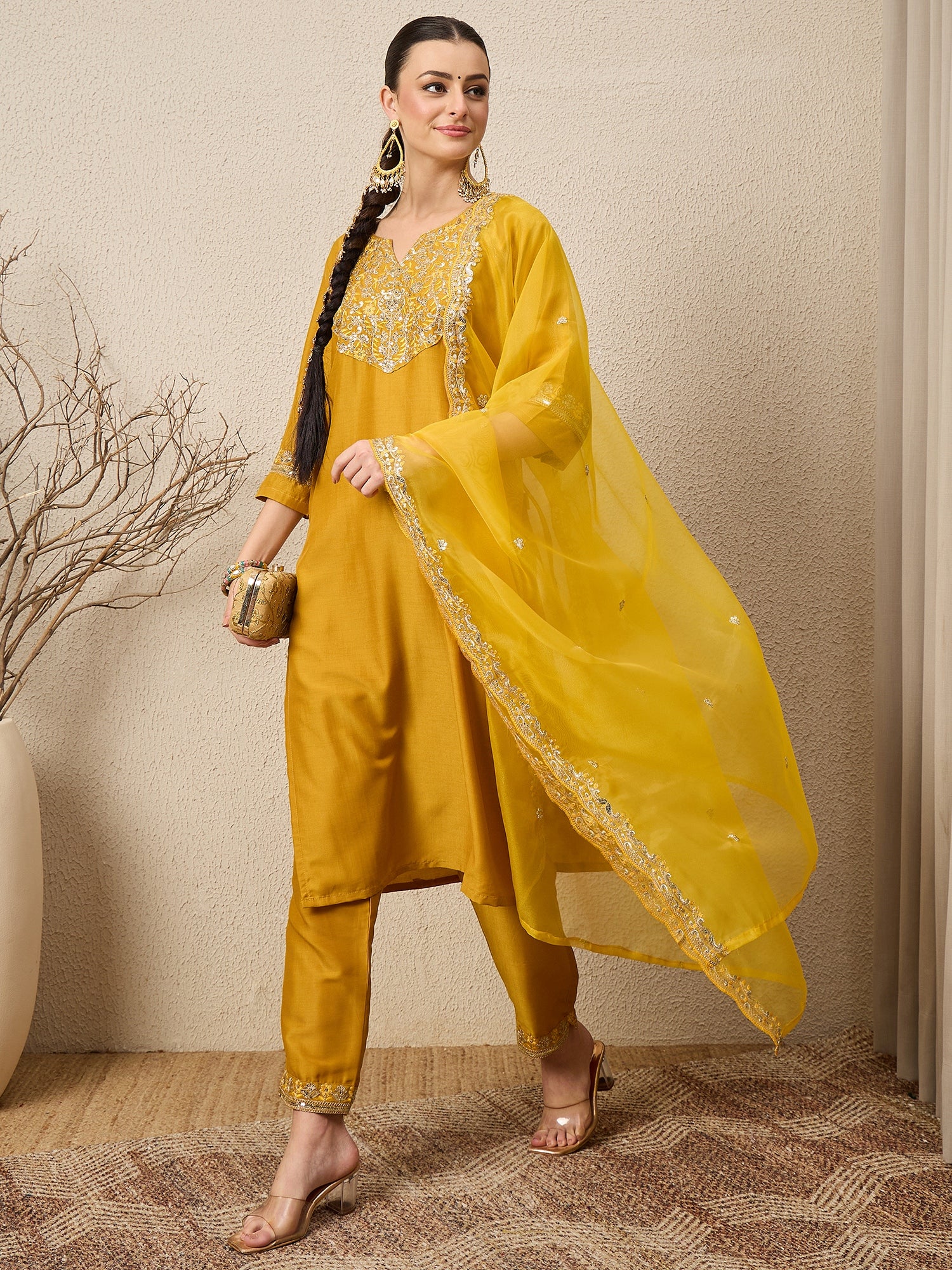 Riwaayat Yellow Yoke Design Silk Blend Straight Suit With Dupatta