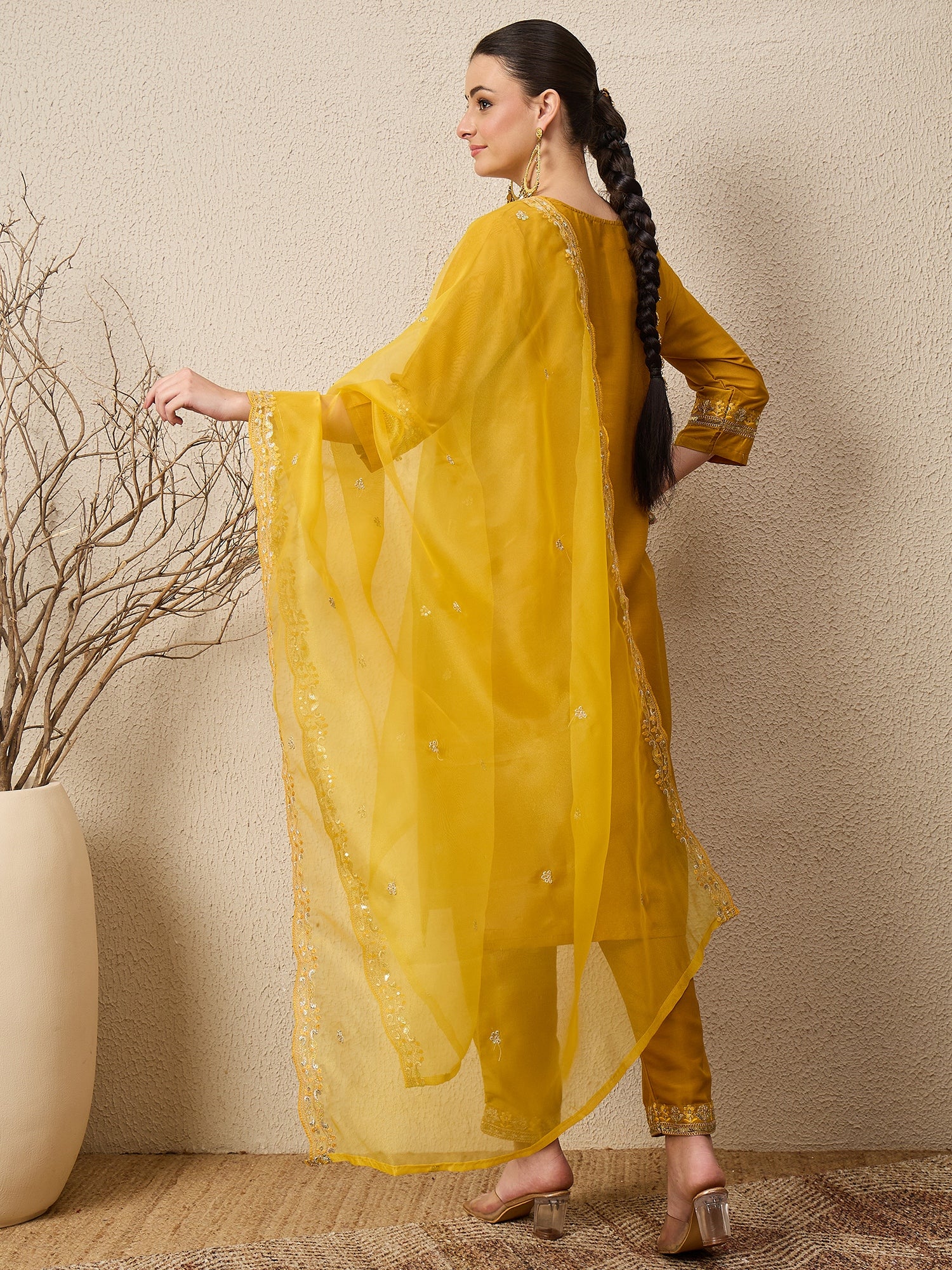 Riwaayat Yellow Yoke Design Silk Blend Straight Suit With Dupatta