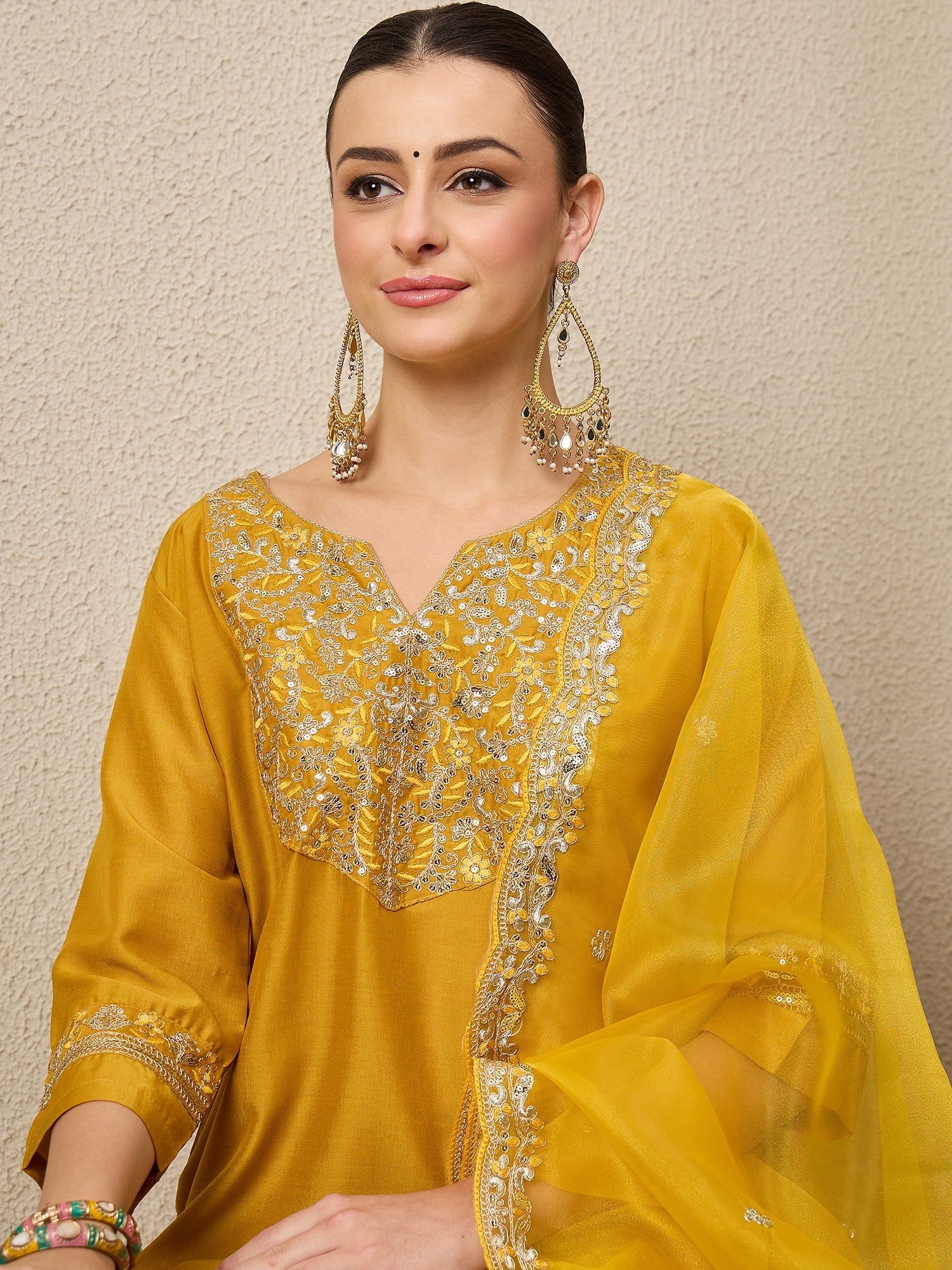 Riwaayat Yellow Yoke Design Silk Blend Straight Suit With Dupatta