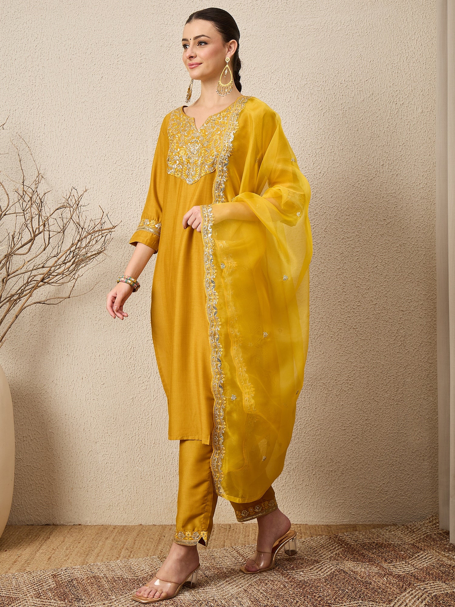 Riwaayat Yellow Yoke Design Silk Blend Straight Suit With Dupatta