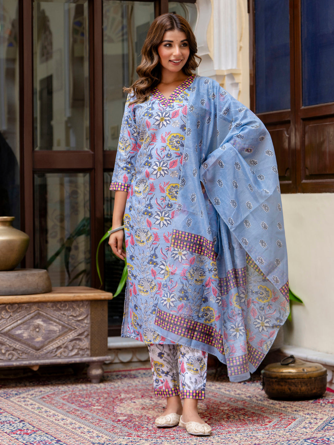 VredeVogel  Women Cotton Blend Kurta Pant Dupatta Set