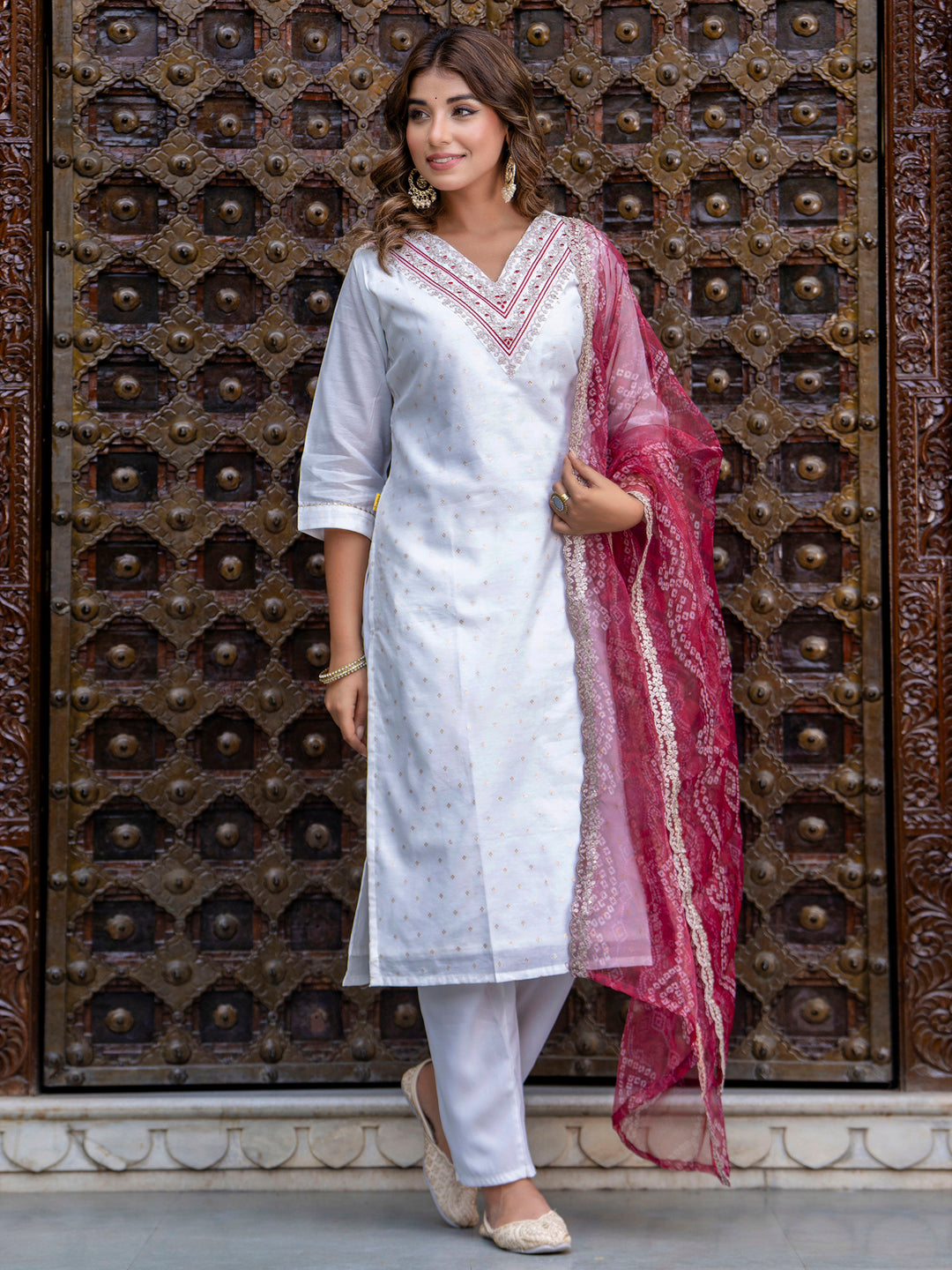 VredeVogel Women Chanderi Kurta & Pant Dupatta Set