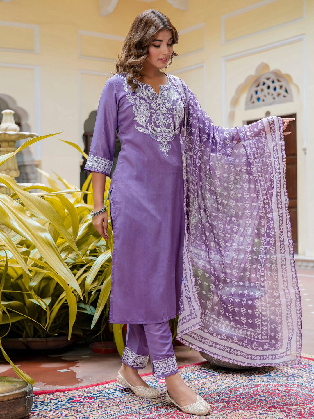 VredeVogel Women's Embroidered Silk Blend Calf Length Straight Kurta Trouser with Dupatta Set