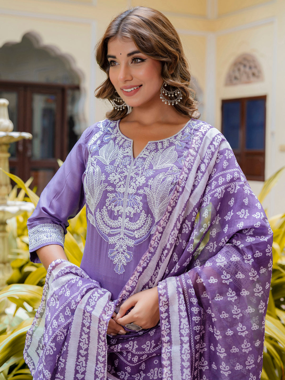 VredeVogel Women's Embroidered Silk Blend Calf Length Straight Kurta Trouser with Dupatta Set